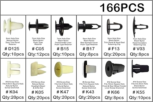 Miniatura 2 de MOTOALL 166 piezas de nailon para parachoques delantero y trasero, panel de moldura de puerta, protector de capó, remache retenedor de empuje para