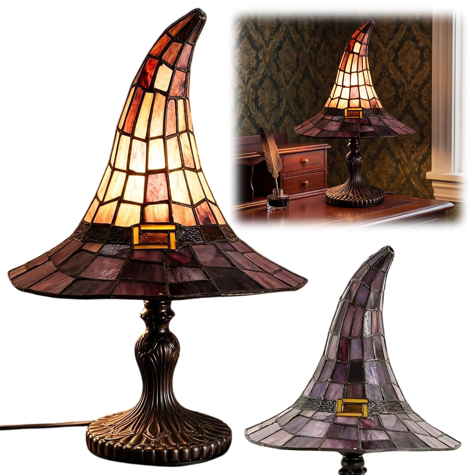1Pc Stained Glass Witch Hat Lamp Retro Resin Usb Powered Gothic Wizard Hats Night Light Halloween Home Decor Accent Lamps For Bedroom & Bookshelf