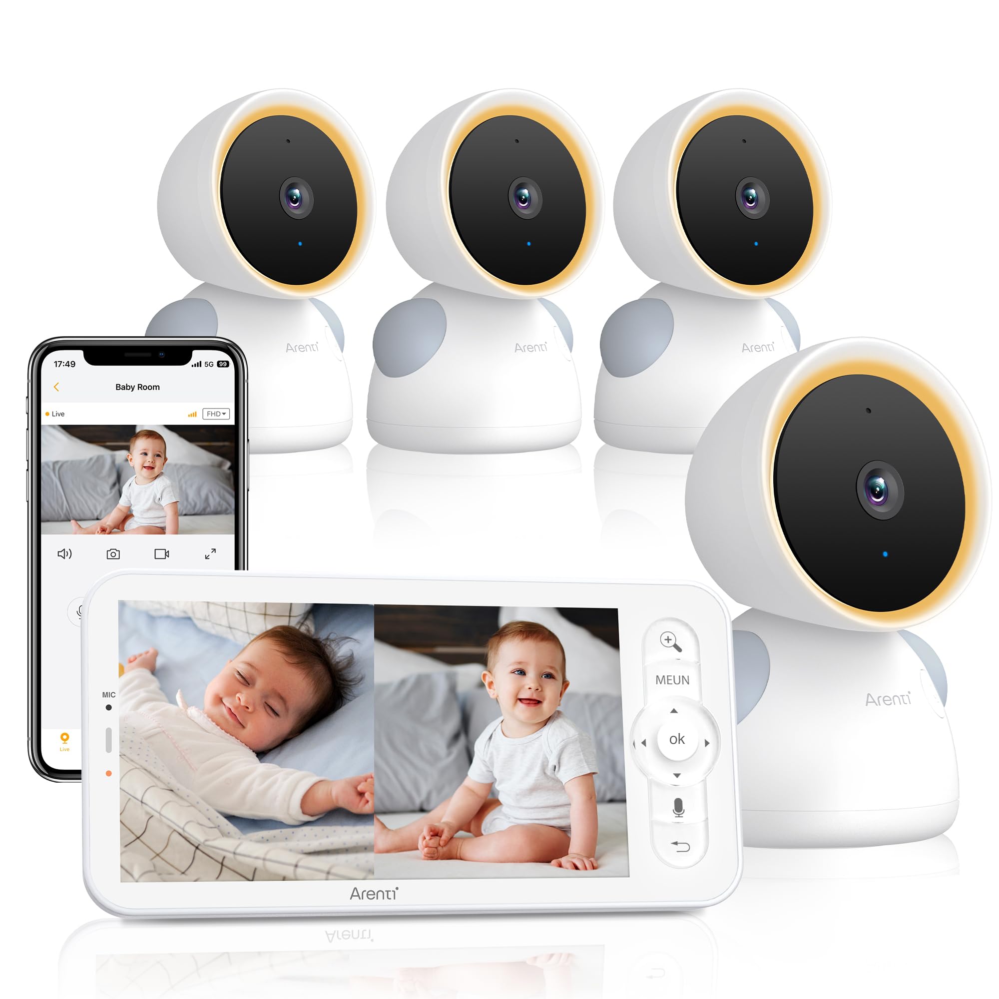 Arenti Baby Monitor Video e Audio con 4 Telecamera, 2K Telecamera Bambini con Monitor 5'', Rilevamento di Temperatura/Umidità e Suoni/Movimenti, Promemoria di Allattamento, Ninne Nanne, Schermo Diviso