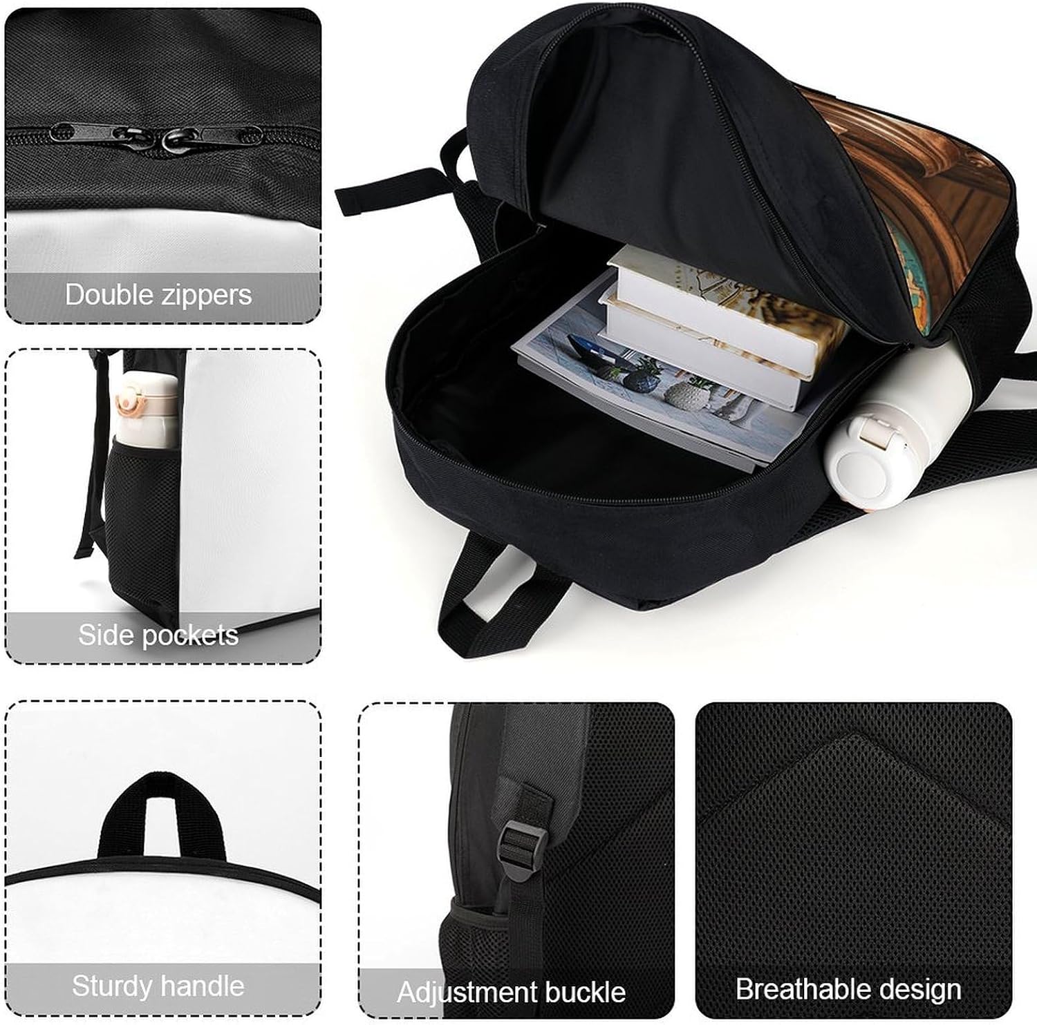 All-Weather Ancient World Globe Laptop Backpack for Men Women Water Resistant Travel Carry on Backpack Work Business Commuter Daypack for Hiking Camping Cycling Climbing Black image 4