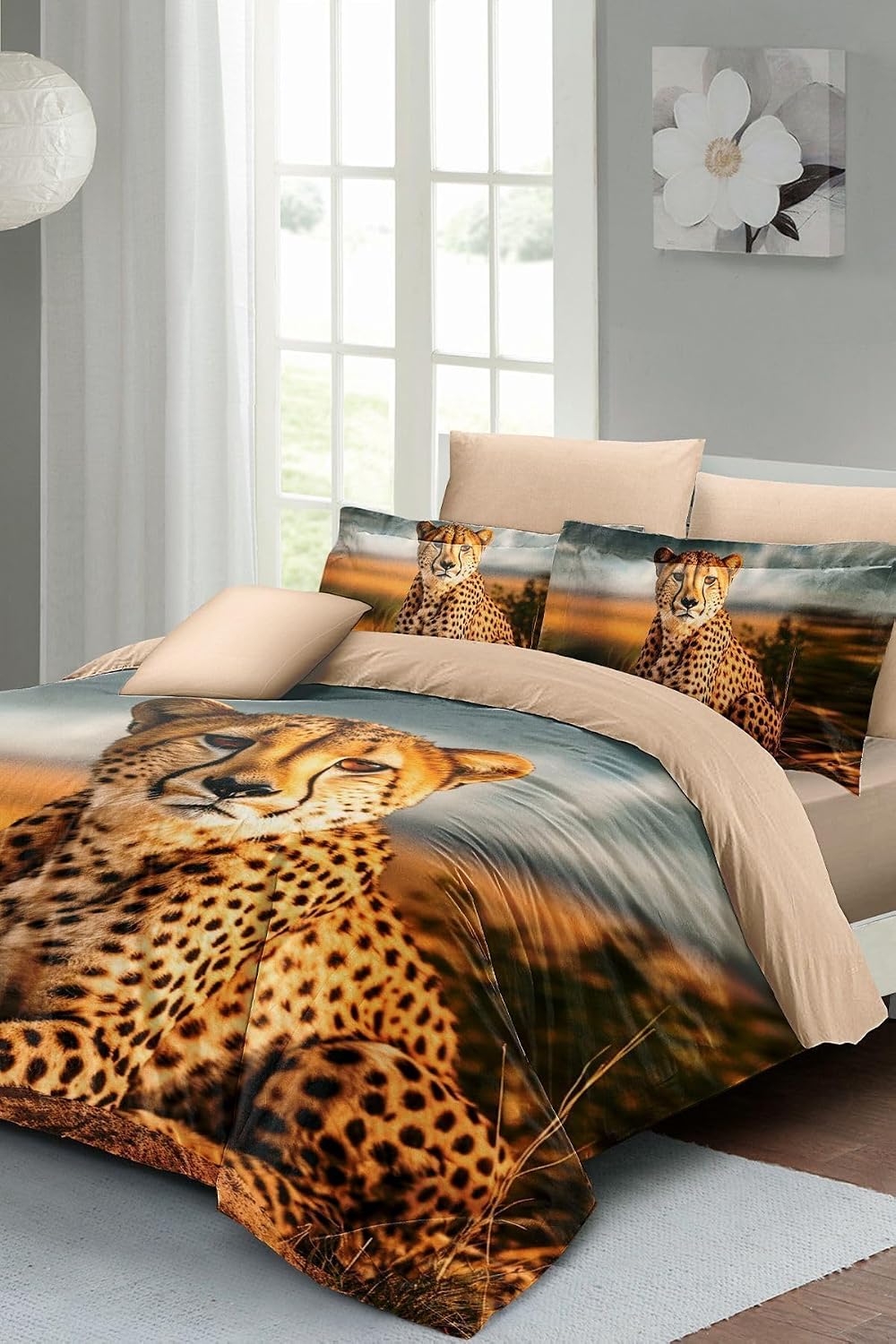 MONOHOME Leopar Desenli Çift Kişilik Nevresim Takımı - Lastikli Çarşaflı%100 Pamuk Saten, monohome67045