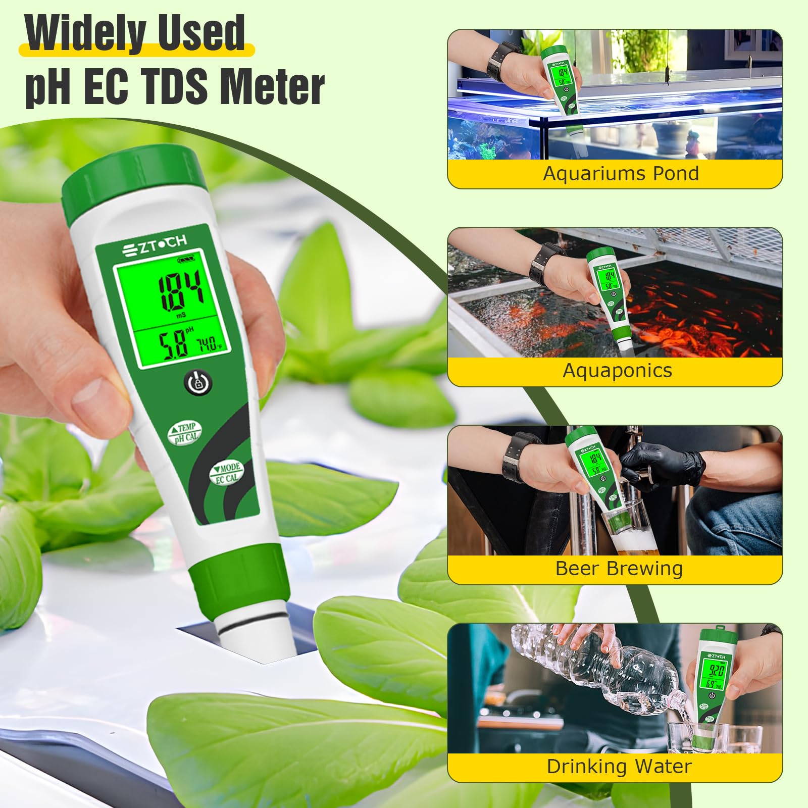 pH-EC-Messgeräte für hydroponische, pH-EC PPM-Messgeräte mit gleichzeitiger Anzeige für Reservoir-Nährlösung, pH-TDS-Messgeräte für Wasserhydroponie-DWC-Systeme, Messleitfähigkeit für Aquaponik