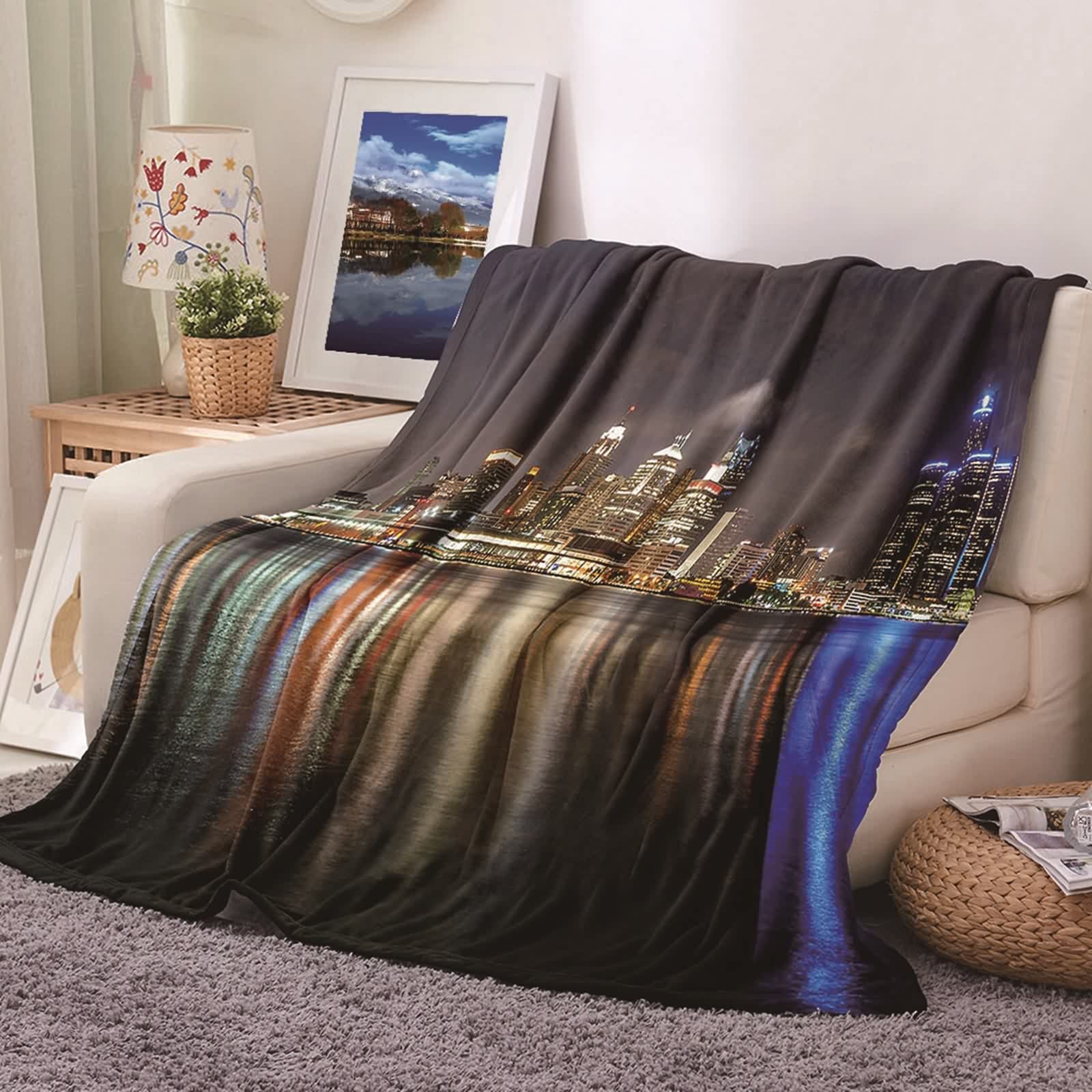 Plaid polaire en flannel haut de gamme 180x240cm ville nuit gris bleu