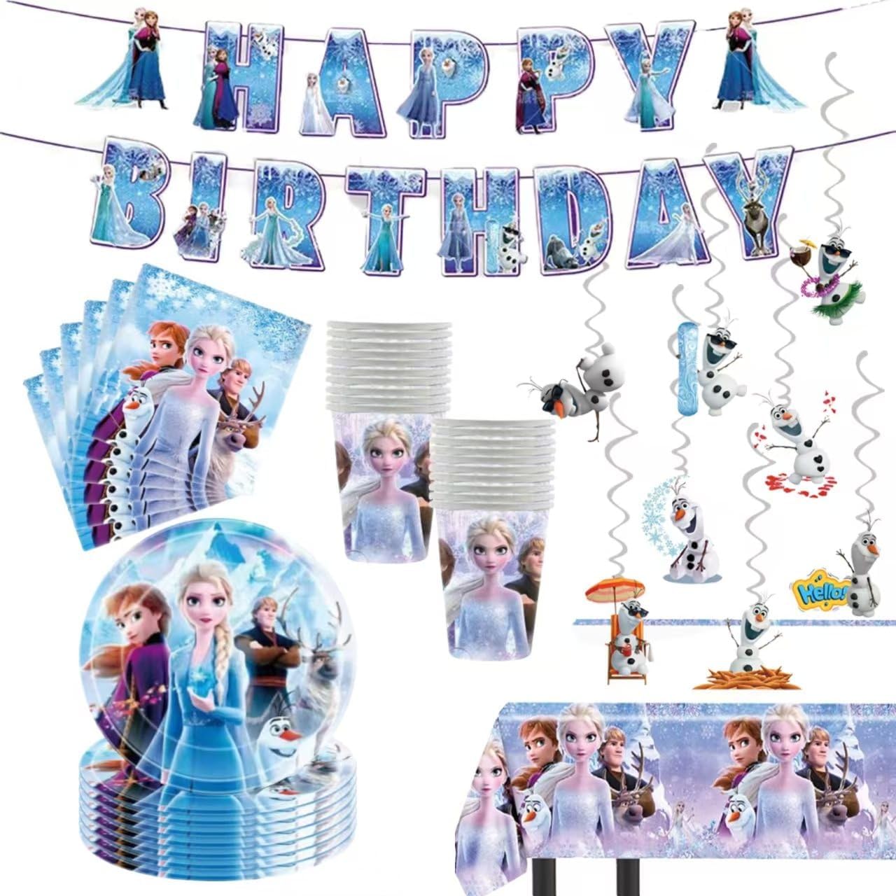 70 Psc Frozen Birthday Party Supplies Set, Pink Theme, with Banner, Plates, Cups, Utensils, Napkins, Tablecloth