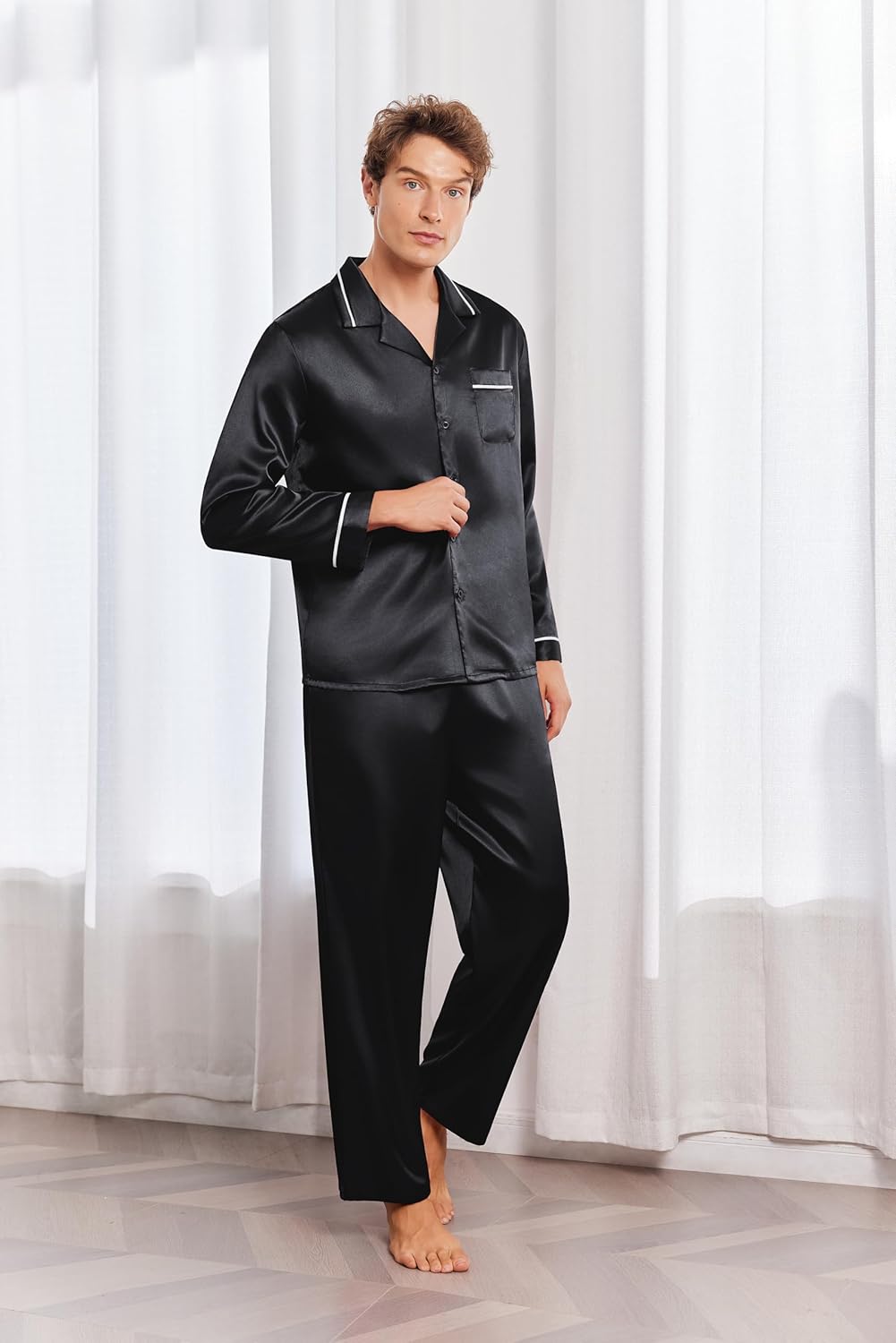 Ekouaer Mens Pajamas Set Silk Satin Pajama Set 2 piece Loungewear Long Sleeve Sleepwear Button-Down Pj with Long Pants S-XXL - Image 4