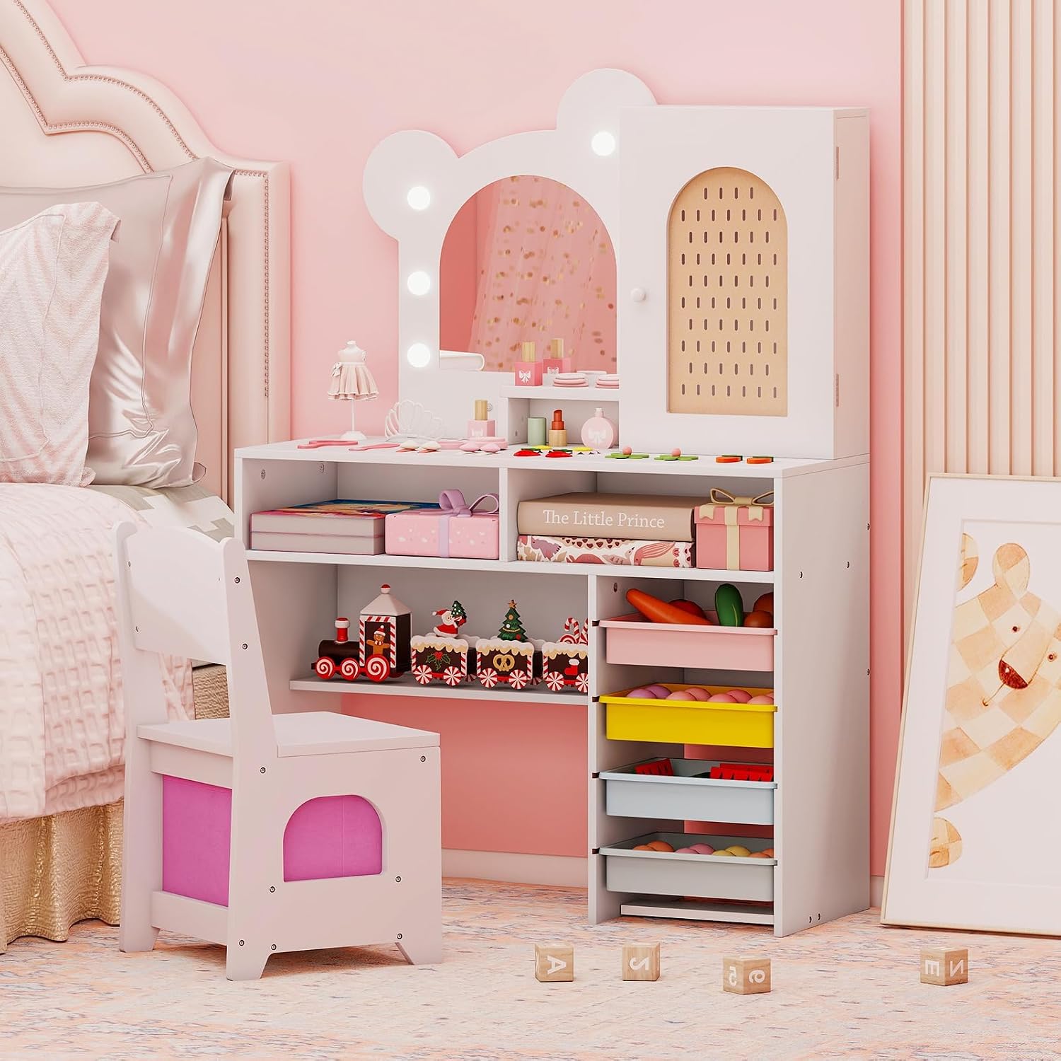 Dressing Table Set in Bear Shape, Children's Make-Up Table with Lighting, Mirror, Cabinet, 5 Drawers & Compartments, Wooden Cosmetic Table Set for Girls from 3 Years (White)