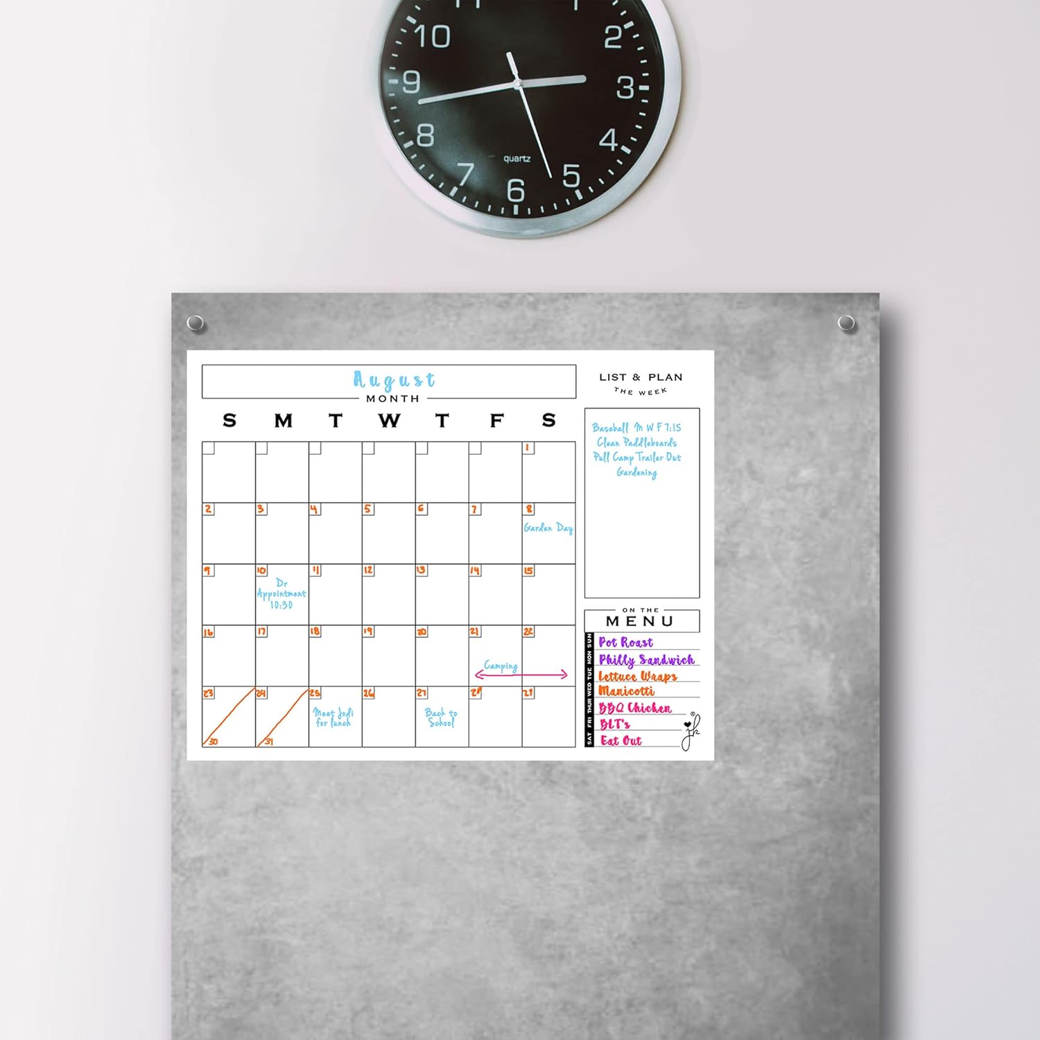 Jennakate - Monthly Calendar for Fridge -Dry Erase Flexible Whiteboard Magnet with Menu -Mid Mod Style (18"x14" - NO Marker)