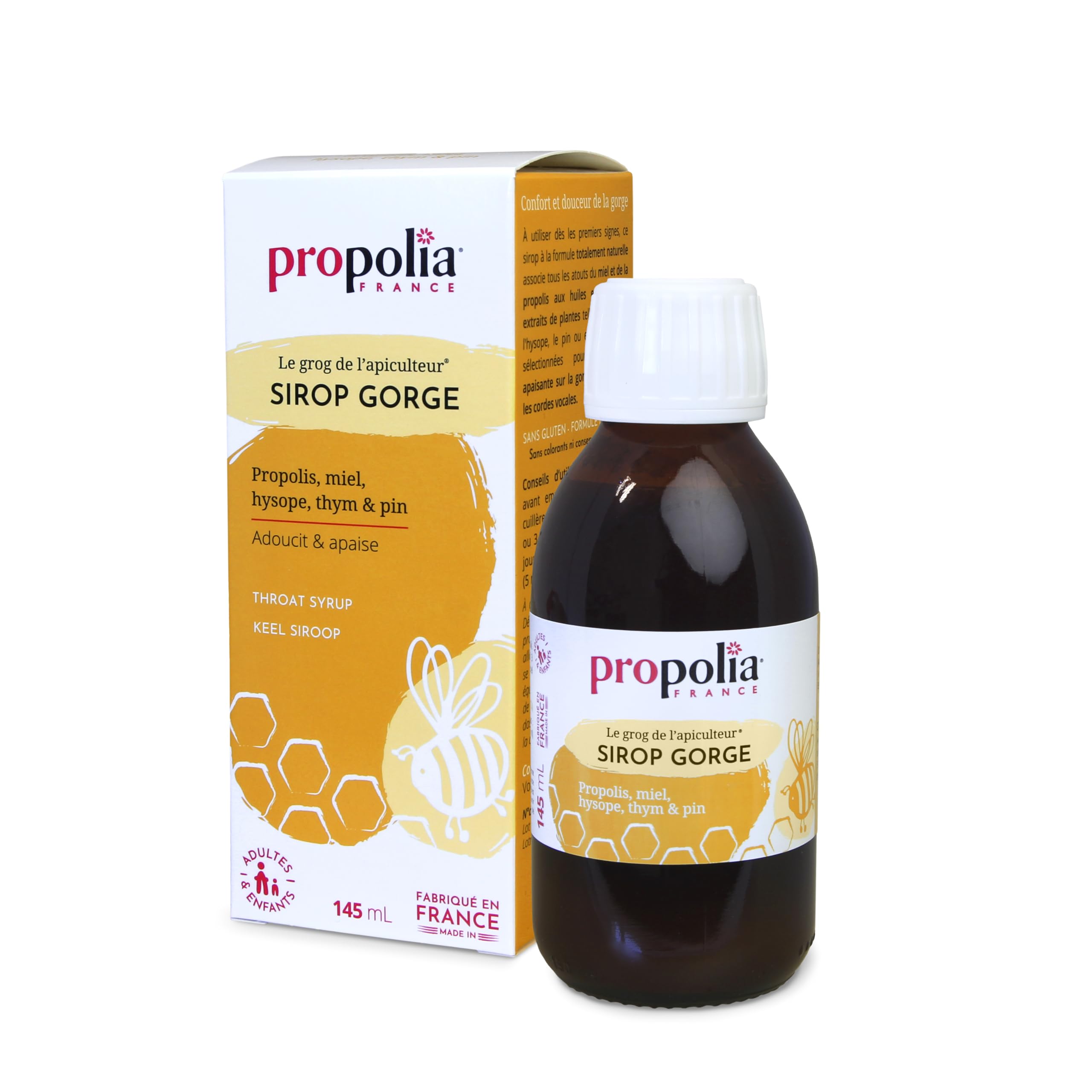 PROPOLIA - Sirop Gorge - Apaise la gorge, calme la toux et dégage les voies respiratoires - Propolis, Miel, Thym, Pin & Citron - 100% naturel - Dès 6 ans - Fabriqué en France - 145 ml