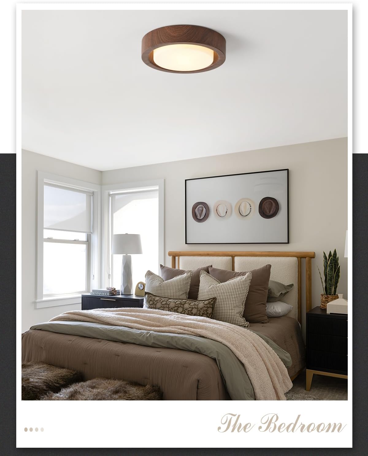 Walnut Wood Flush Mount Ceiling Light Fixture,13 Inch Ceiling Light with Frosted Glass Shade,High Deep Profile Round Ceiling Lights for Hallway Bedroom Closet Livingroom