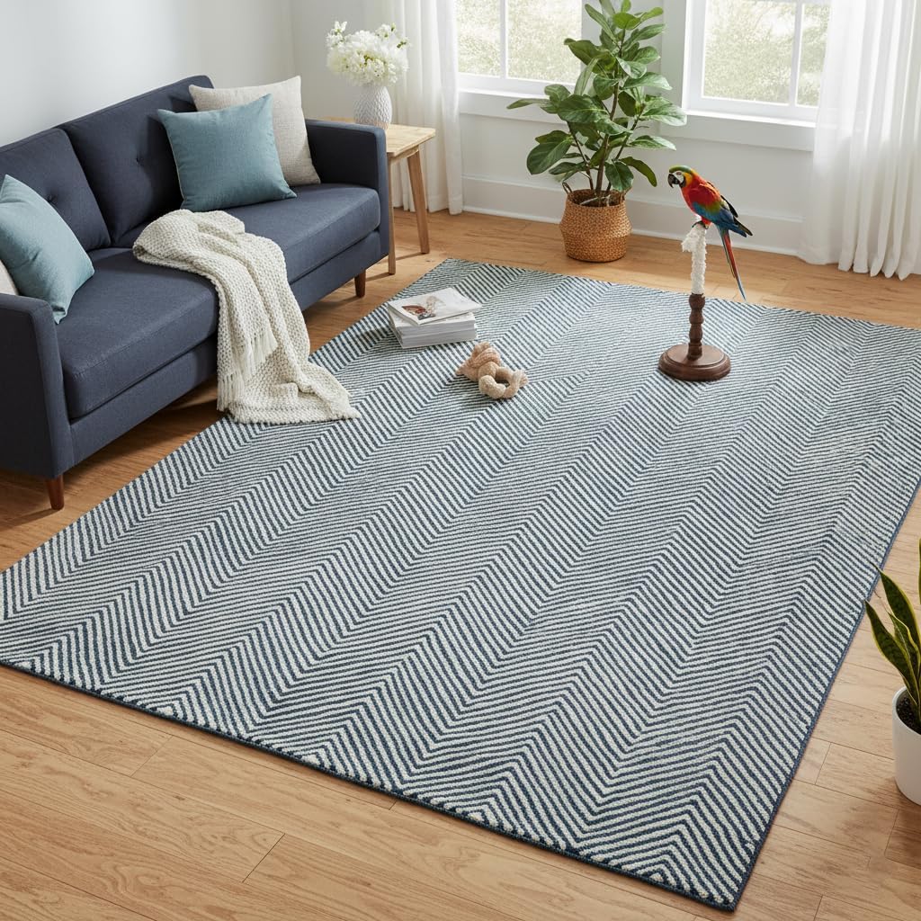Handcrafted Modern Herringbone Chevron Wool Area Rug – Soft & Durable Wool Carpet for Living Room, Bedroom & Dining Room (Beige, 8 x 10 FT)