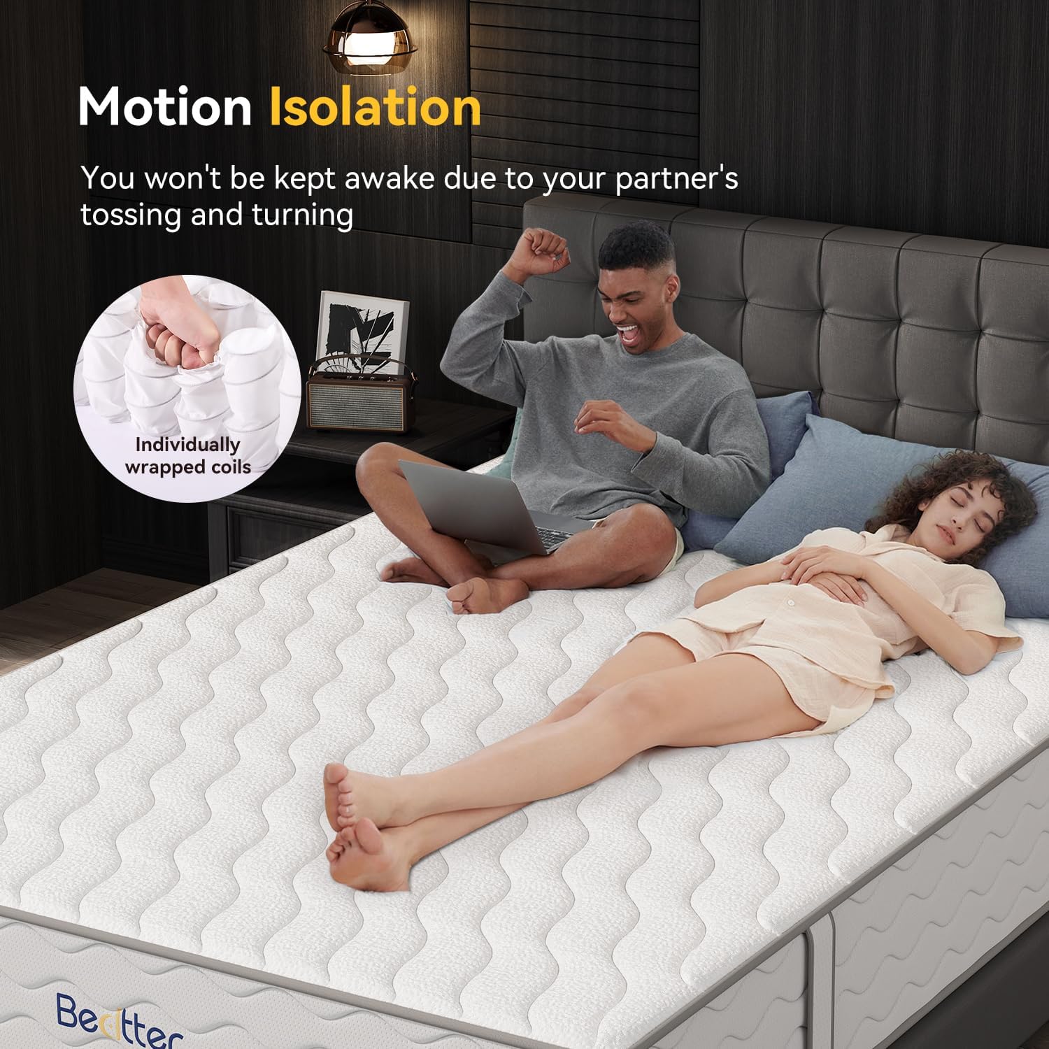 12 Inch King Size Mattress, Luxury Cooling Hybrid Mattress with Ice Silk Cover & Gel Memory Foam, 7-Zone Support, Extra Firm Bed for Couples, Strong Edge Support, No Sagging & Motion Isolation