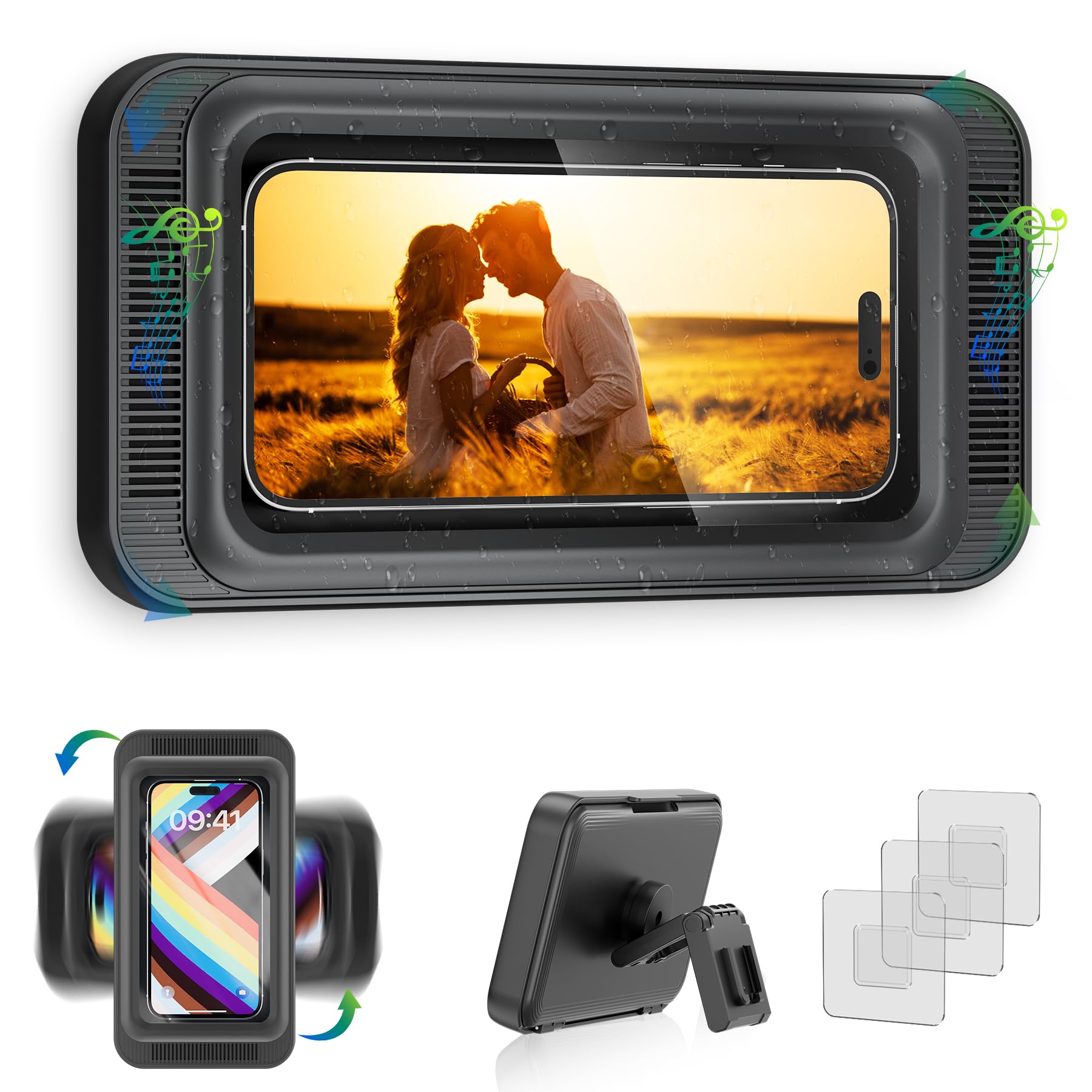 Upgraded Shower Phone Mount Waterproof with Speaker Hole Touch Screen Shower Phone Stand Holder for Bathroom Bathtub Kitchen Wall Mirror for iPhone 1716 15 14 13 12 11 Pro XS XR Max (Black)