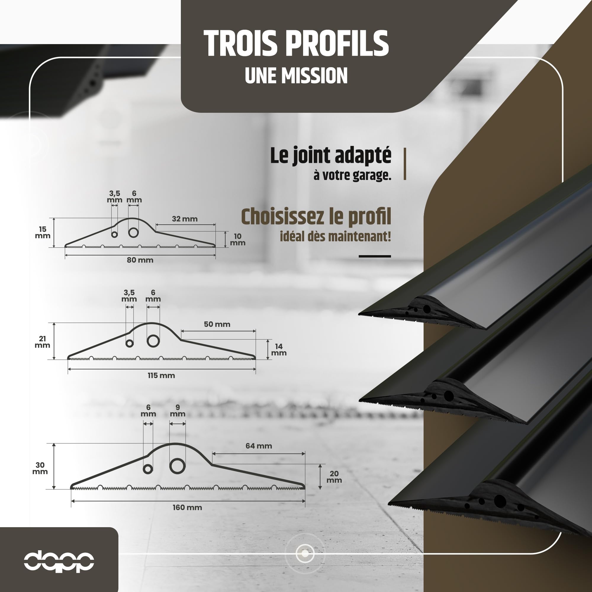 DQ-PP | JOINT DE PORTE DE GARAGE | 2,5m | 30mm x 160mm | noir | Scellage de sol | Seuil en caoutchouc EPDM | 3cm x 16cm