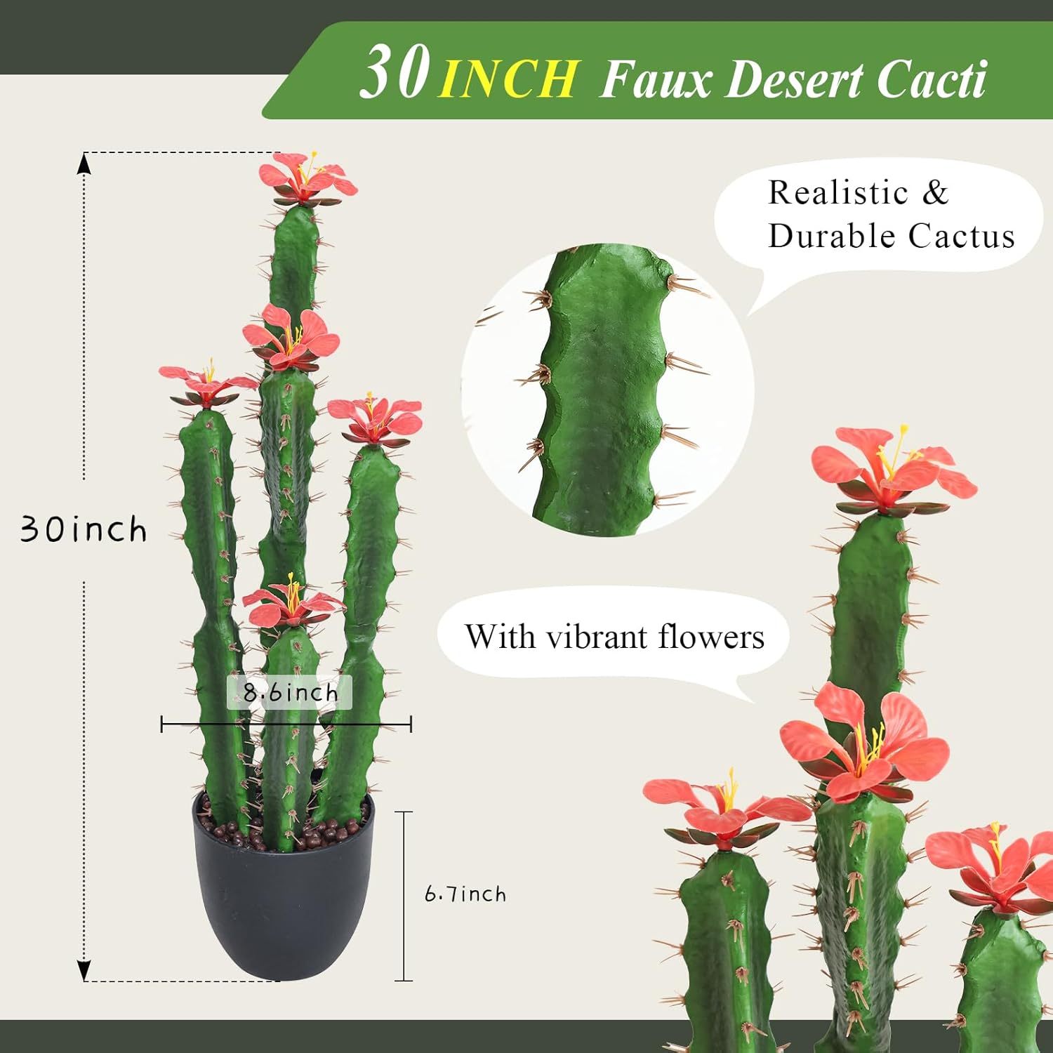30inch Fake Cactus with Red Flowers, Faux Desert Cacti Fake Cactus Plant, Lagre Artificial Succulents Plants for Indoor and Outdoor Home Office Decor
