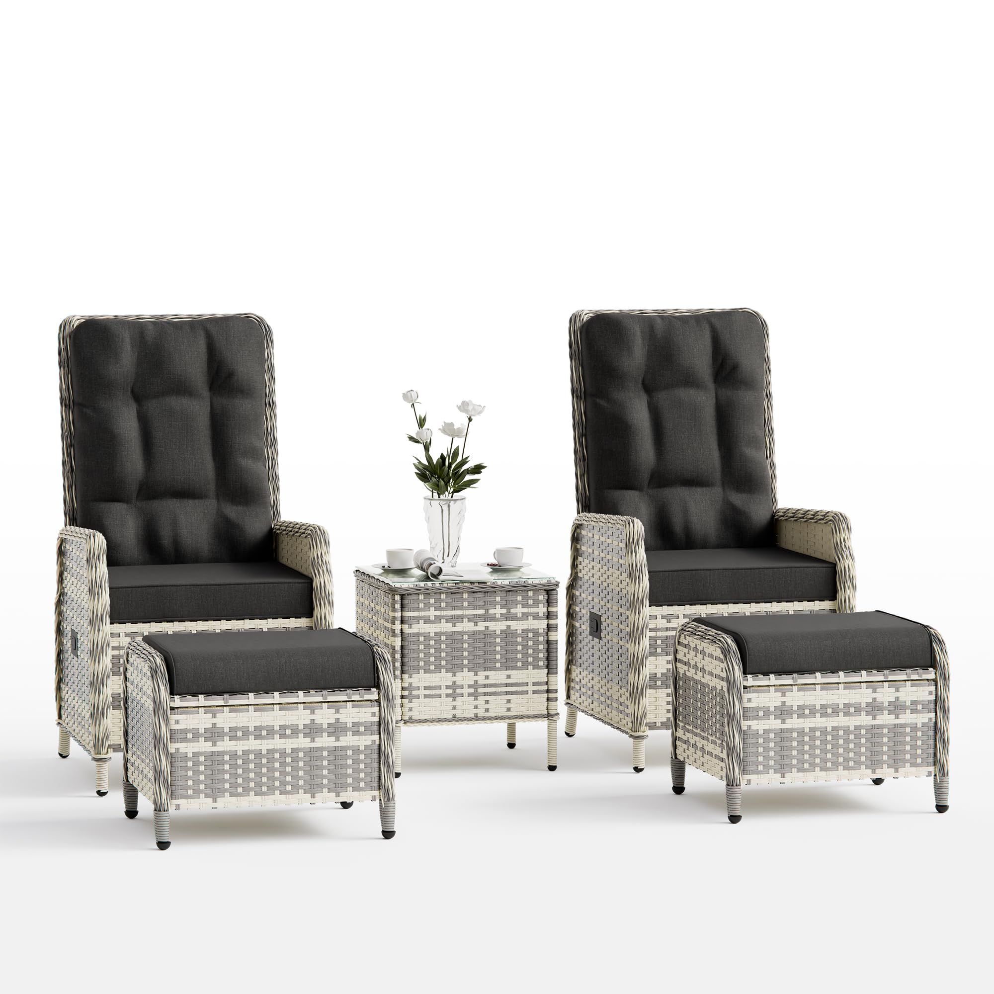 ALAULM 5-teiliges Rattan Gartenmöbel Set mit 2 verstellbaren Relaxsofas, 2 Hockern & 1 Couchtisch, wetterfestes Polstergarnitur für Terrasse, Balkon, Garten (Schwarz)