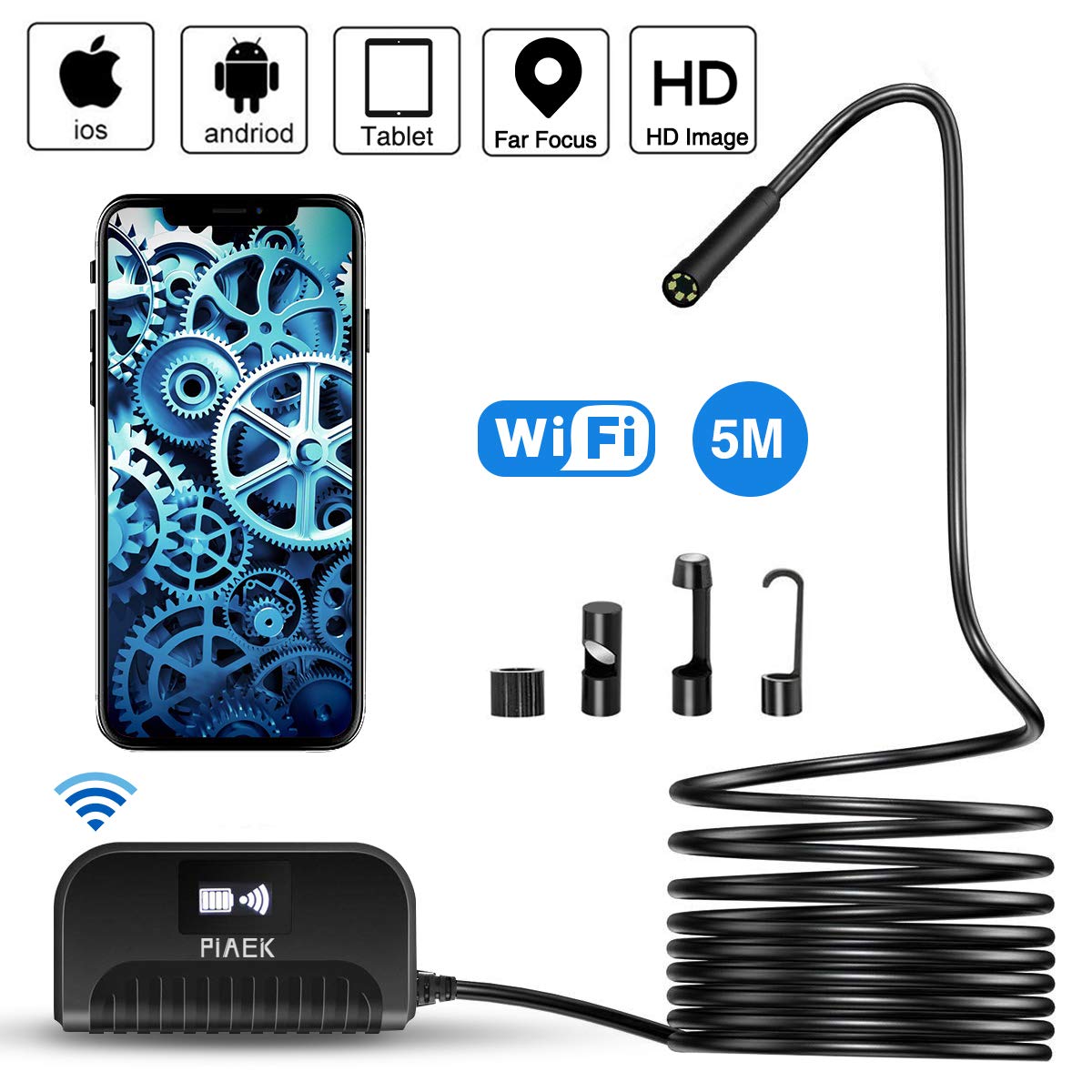 Endoscope WiFi Wireless Inspection Camera 2.0 MP HD Endoscope USB Waterproof IP68 Semi-rigid Cable Borescope for Android IOS Smartphone/IPhone/Tablet -16.4FT