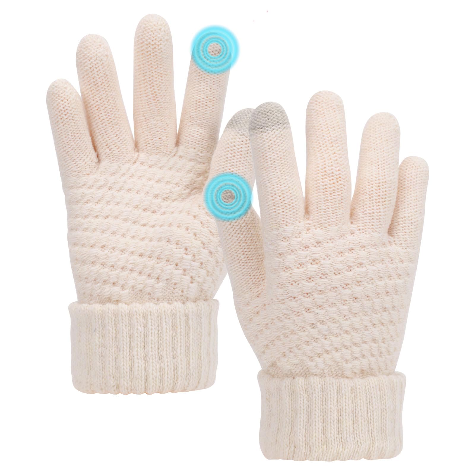 Winter Warm Mittens for Women, Touch Screen Gloves with Soft Lining, Elastic Cuff - White