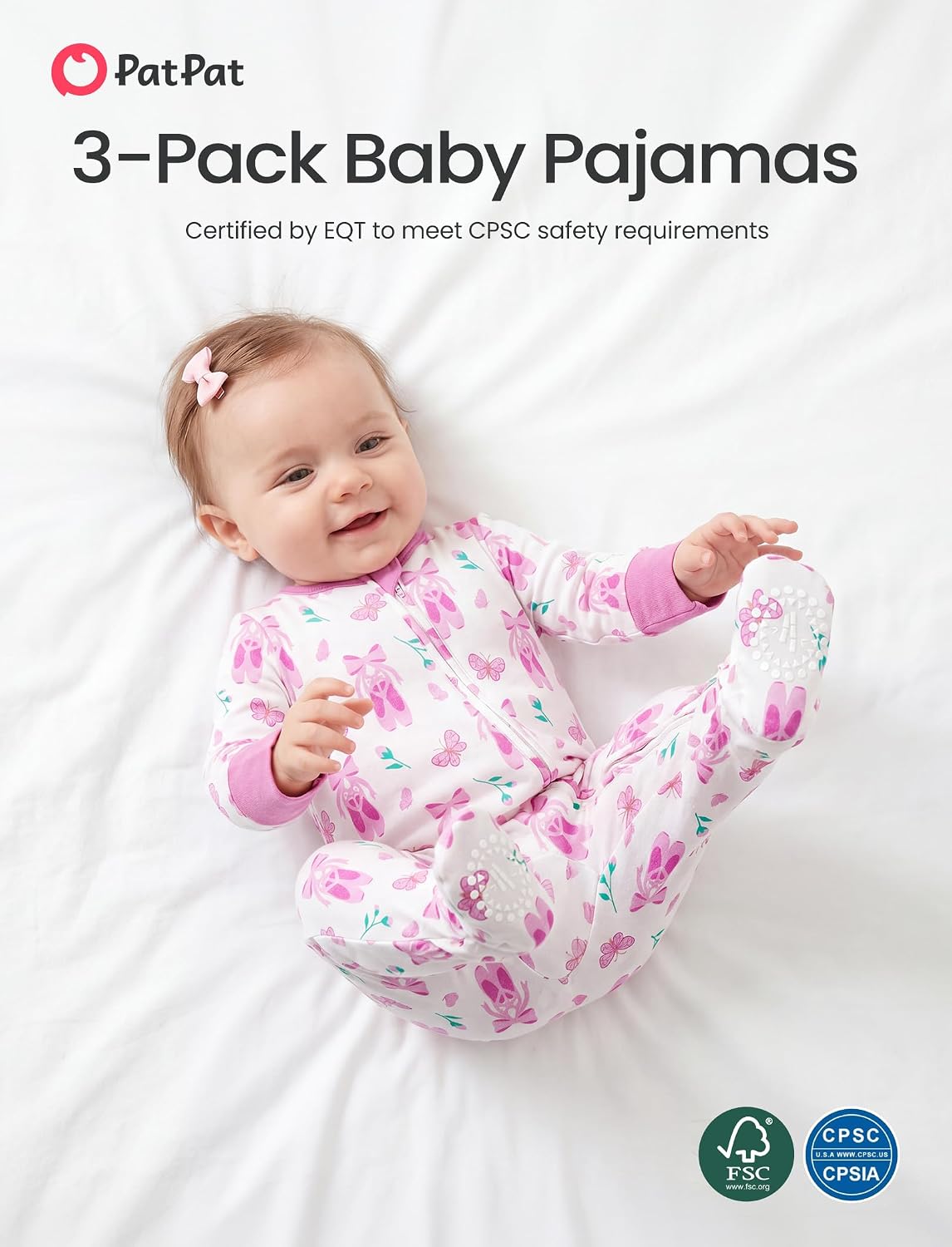PATPAT 3 Pack Bamboo Viscose Baby Footed Pajamas with Anti-Grips, NB-2T | Fold-Over Mittens, 2-Way Zipper, Super Soft Fiber, Stretchy and Breathable