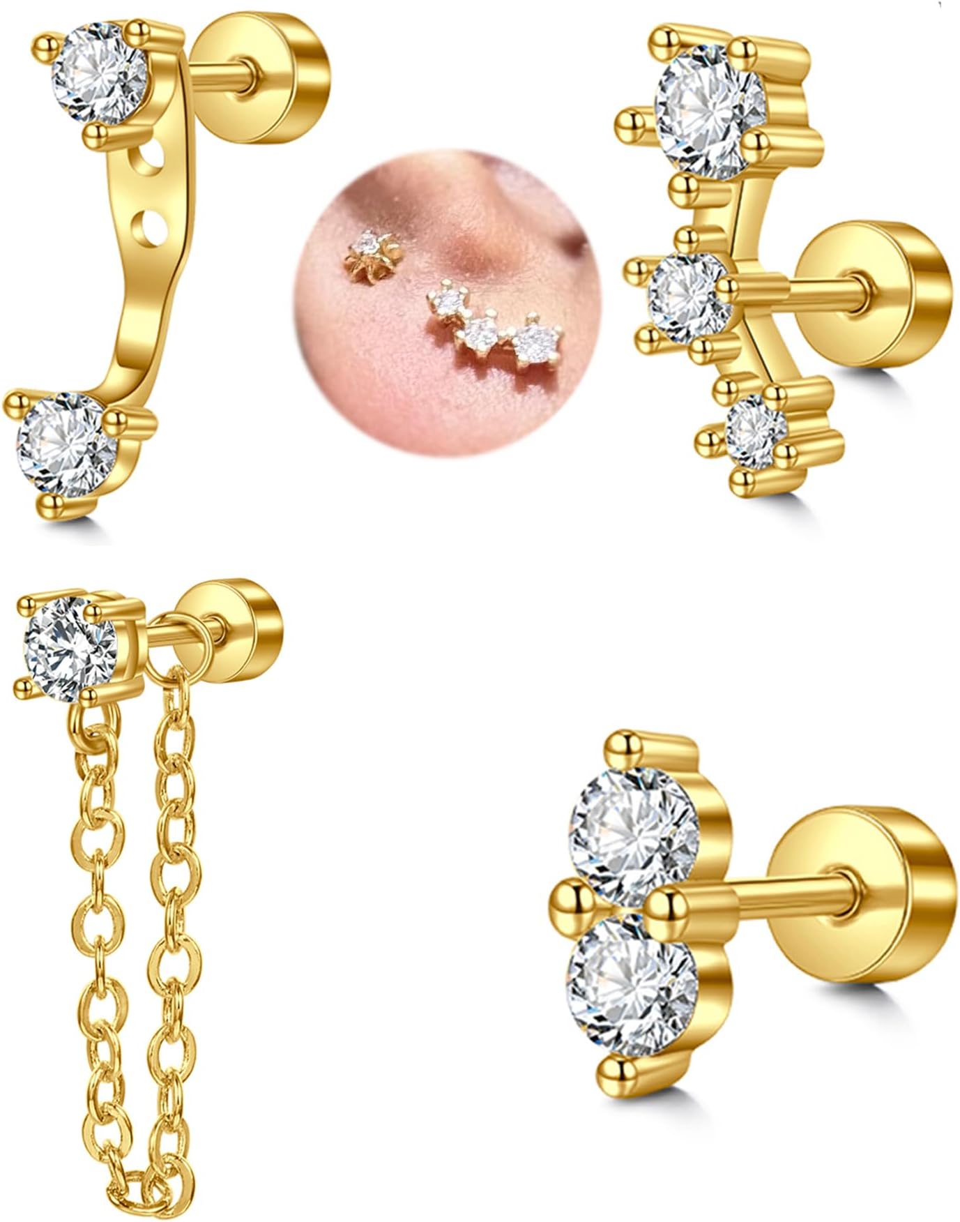 MODRSA Silver Gold Cartilage Earring for Women Hypoallergenic Flat Back Earrings Threadless Helix Earring Tragus Studs 6mm Cartilage Jewelry Flatback Surgical Steel Butterfly Heart Earrings for Women