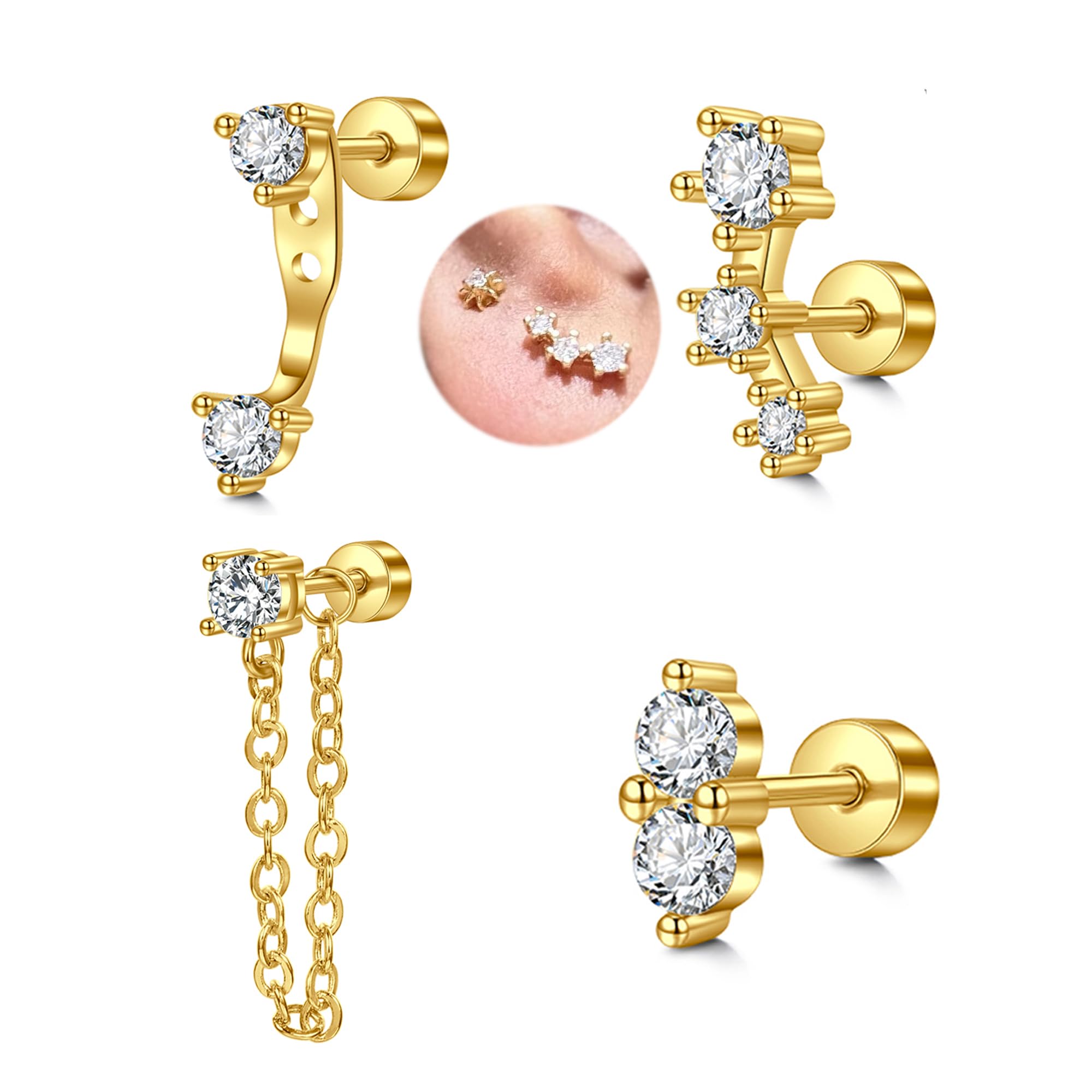 MODRSA Silver Gold Cartilage Earring for Women Hypoallergenic Flat Back Earrings Threadless Helix Earring Tragus Studs 6mm Cartilage Jewelry Flatback Surgical Steel Butterfly Heart Earrings for Women