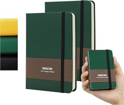 A7 Leather Journal Notebook - 2Pack Dotted/Grid/Blank Pages, 100GSM Thick Paper, Water-Resistant Cover, Elastic Closure & Inner Pocket Green
