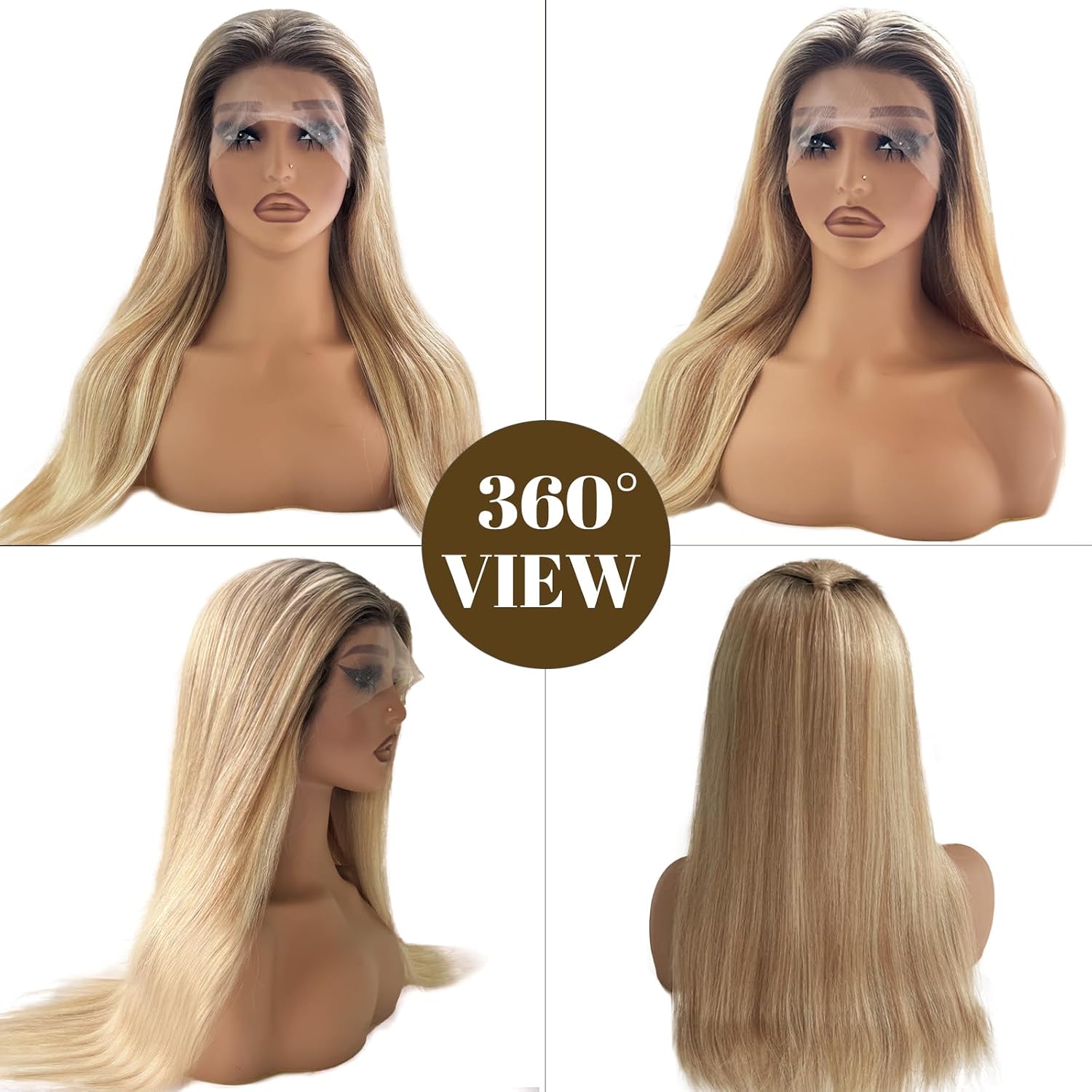 Highlight Wigs Human Hair Blonde Lace Front Ombre Medium Brown with Golden Blonde Real Human Hair Glueless 180% Density 13x4 Straight Lace Frontal No Synthetic No Shedding Triple Lifespan 20 Inch