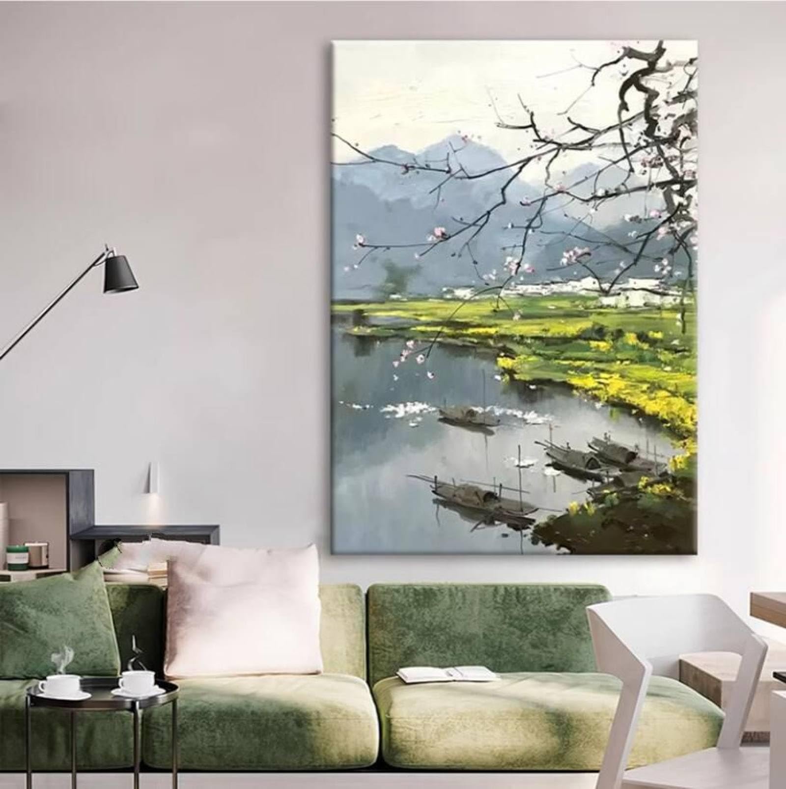 Peinture À L'Huile Toile Paysage Rural | Tableau Fleur de Prunier Salon et Chambre à Coucher