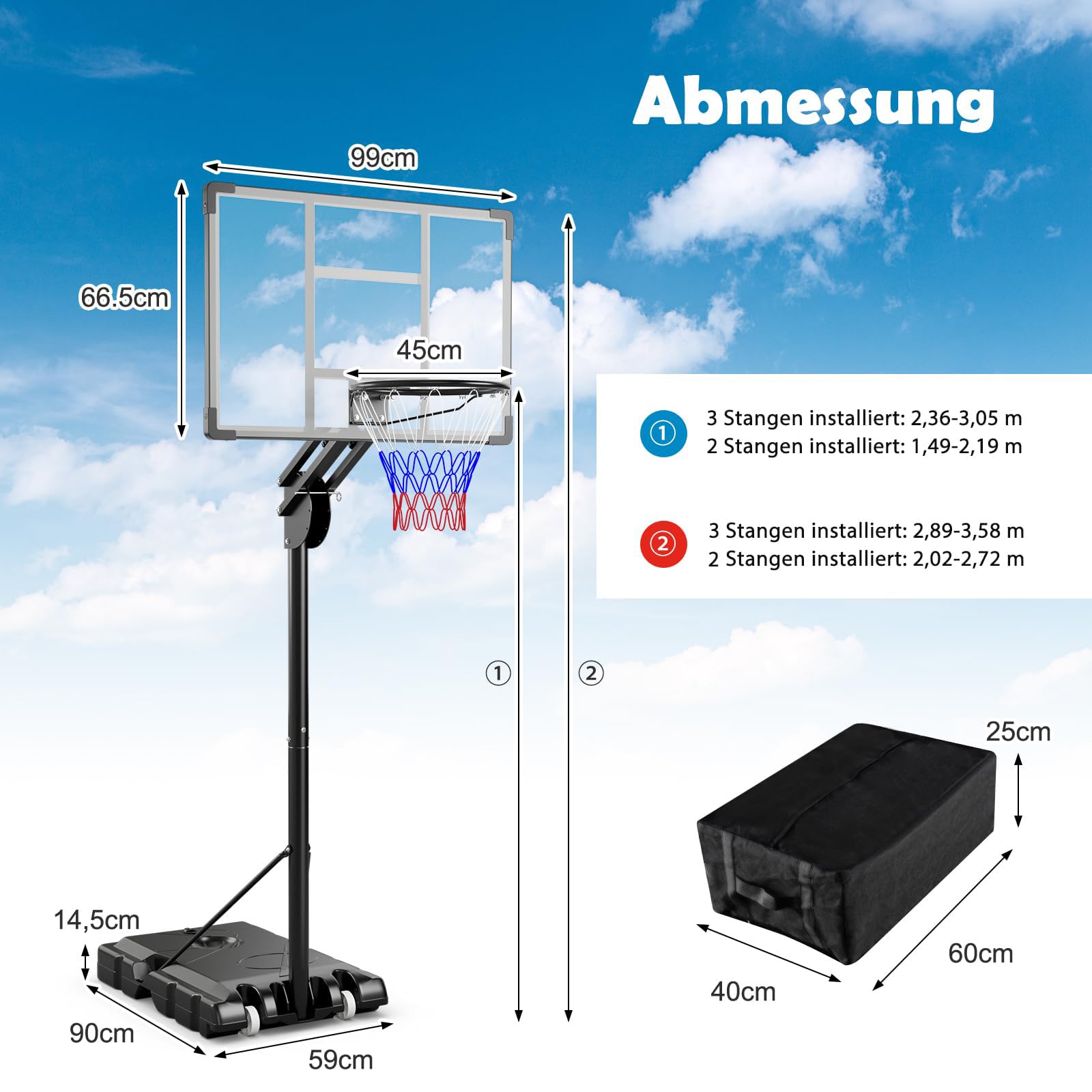 GOPLUS Basketballkorb Outdoor, Korbhöhe 149-305cm verstellbar, Basketball Korb mit Rückwand, Basketball Ständer tragbar mit Rollen, Basketball Hoop für Kinder Jugendliche Erwachsene