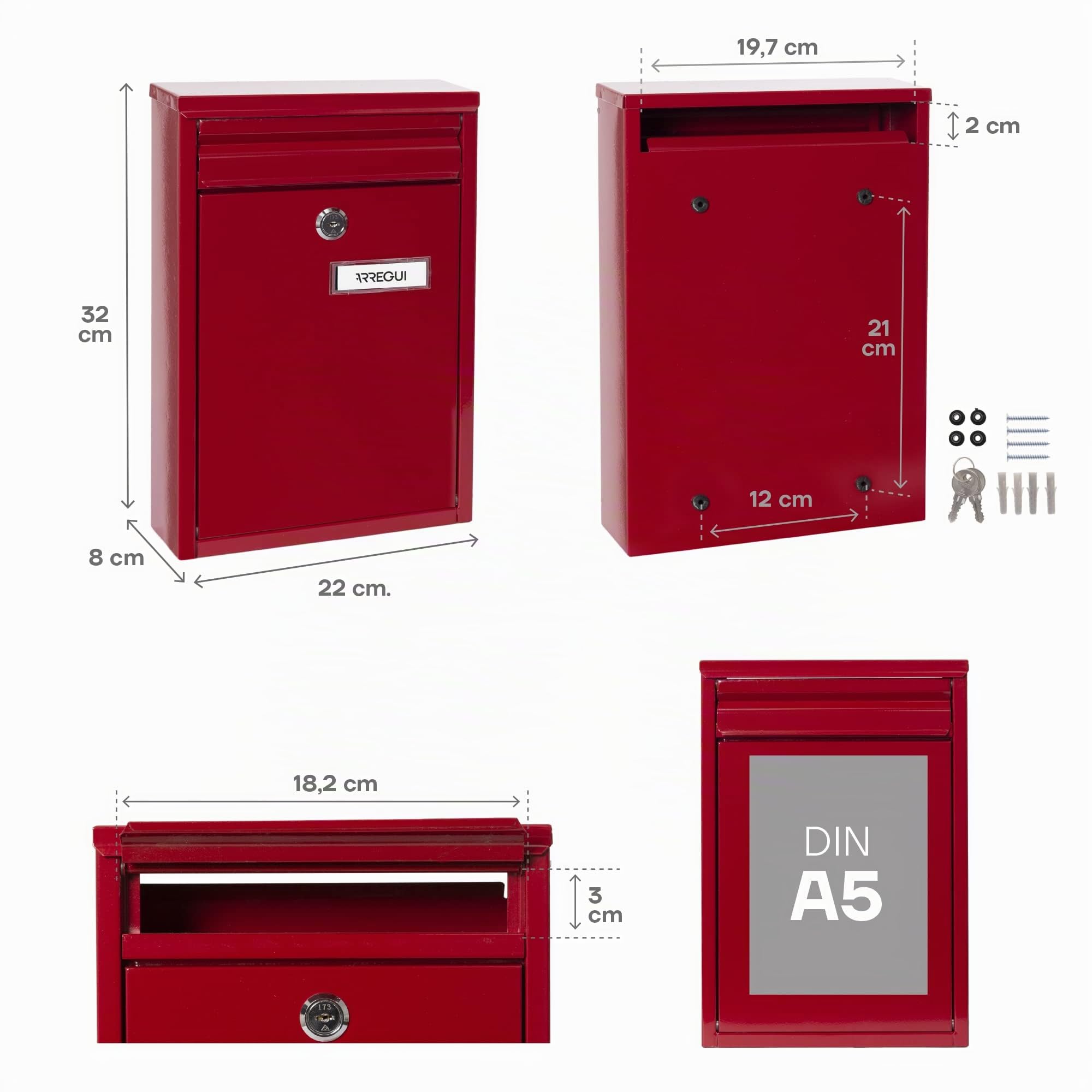 ARREGUI Zaguán E5756 Briefkasten oder Durchwurfbriefkasten aus Verzinktem Stahl, Größe S (DIN A5 Post), Wandbriefkasten für Draußen, Wasserfest, Postkasten mit Namensschild, Einfache Montage, Rot