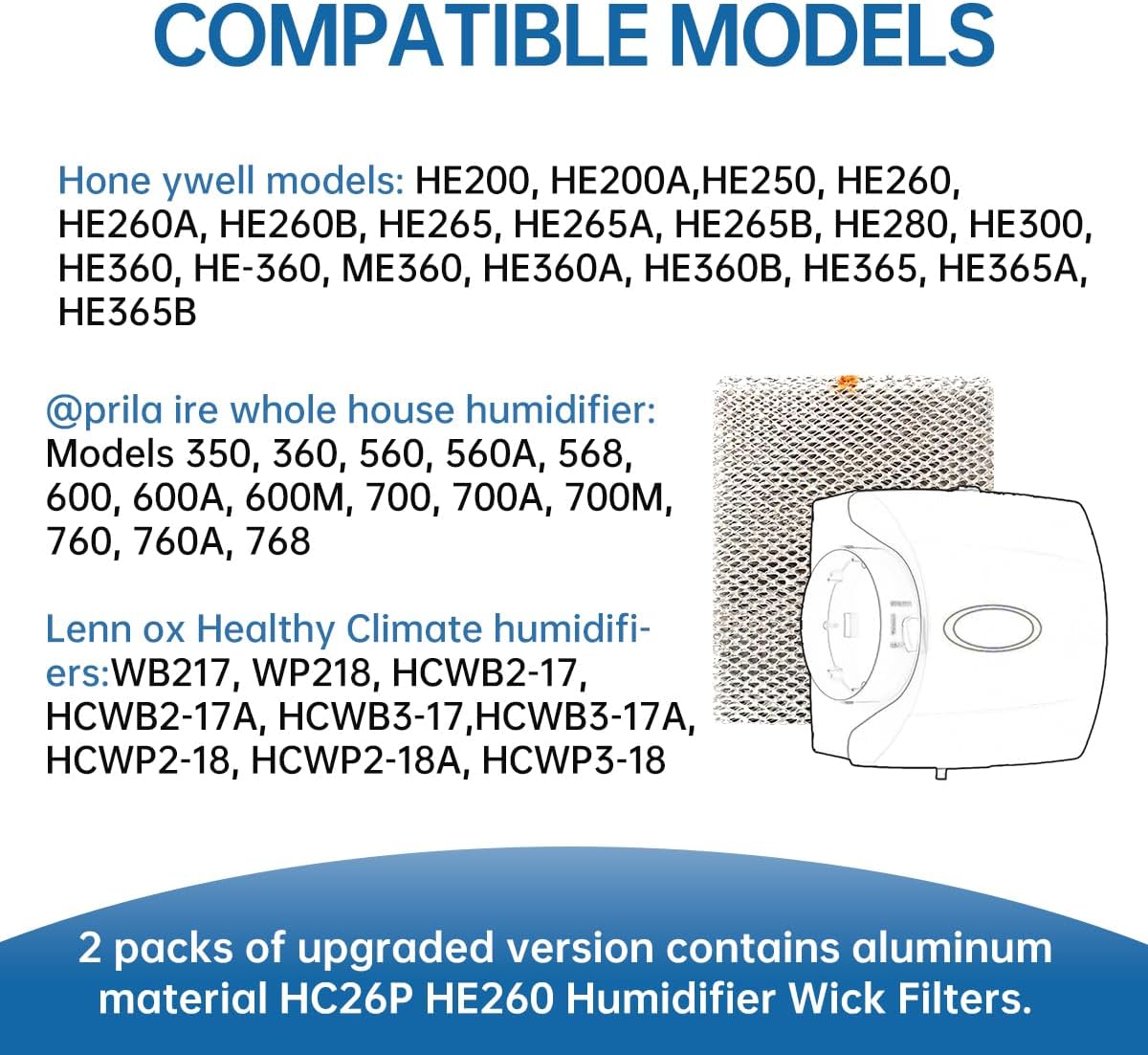 HC26E1004 Humidifier Pad Water Panel Evaporator Compatible with Honeywell HE365 HE360 HE300 HE265 HE260 HE250 HE200 Aluminum Mesh Replacement Filter 2-Pack
