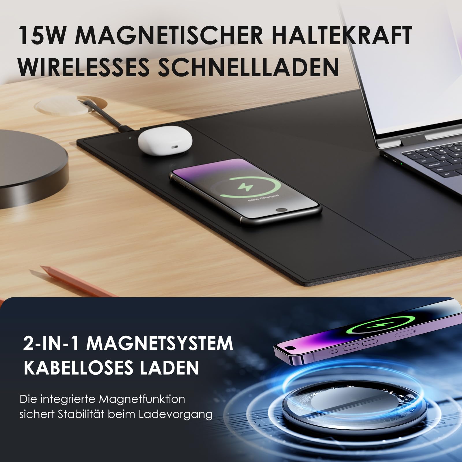 Schreibtischunterlage, 15W kabelloses Qi-Lade-Mauspad, 90x43cm | 15W Smartphone-Ladepad, 90x43 cm, Schwarz, 3mm Mikrofaser, wasserabweisend, kratzfest, Magnetischer Halt