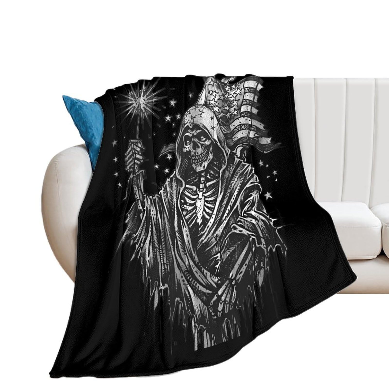 Nclqvjxzkhw Men's Style Grim Reaper Skull Undead Ghost U.s. Flag Flannel Blanket Soft Throw Blankets Bed Couch Sofa Travel