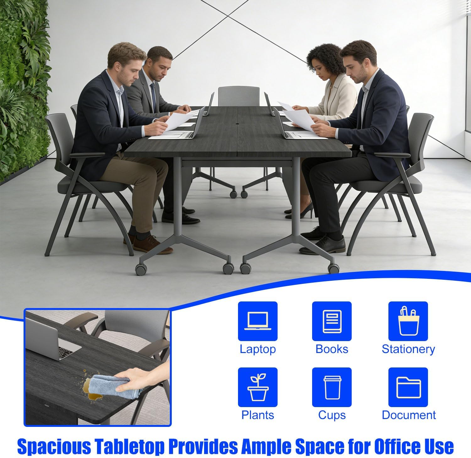 Folding Conference Room Tables Flip-top Mobile Training Table with 360° Caster Wheels,Modern Conference Table Rectangular Modular Meeting Seminar Table for Office Conference Room (4pcs, Ebony, 63")