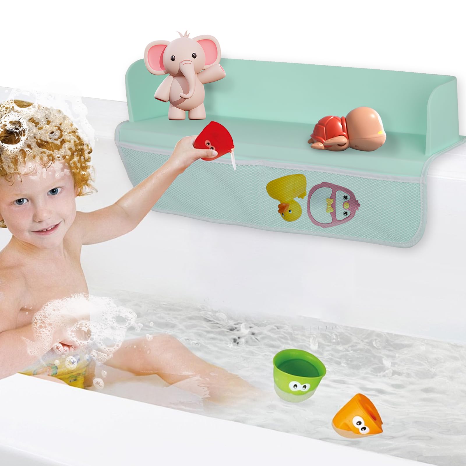 Badewanne Spritzschutz mit Badewannenspielzeug Aufbewahrungstasche, Silikon Kinder Spielzeug Badewannenablage, Saugnäpfe Organizer Badezimmertablett, Badewannenbrett mit Badespielzeug Aufbewahrung (A)