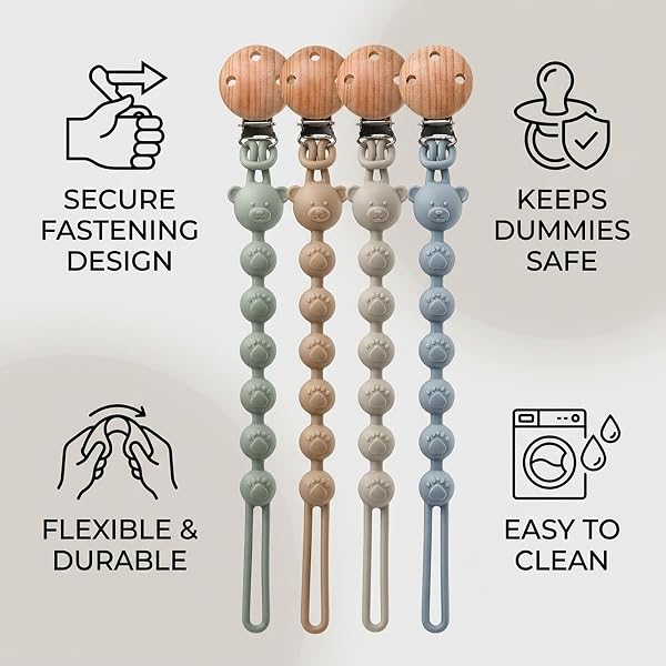 Dummy Clip, 4-Pack Soother Clips with Mam Dummies Compatibility, Silicone Pacifier Clips for Daily Use, Blue Light Grey Green Earth Tones Assortment - 4