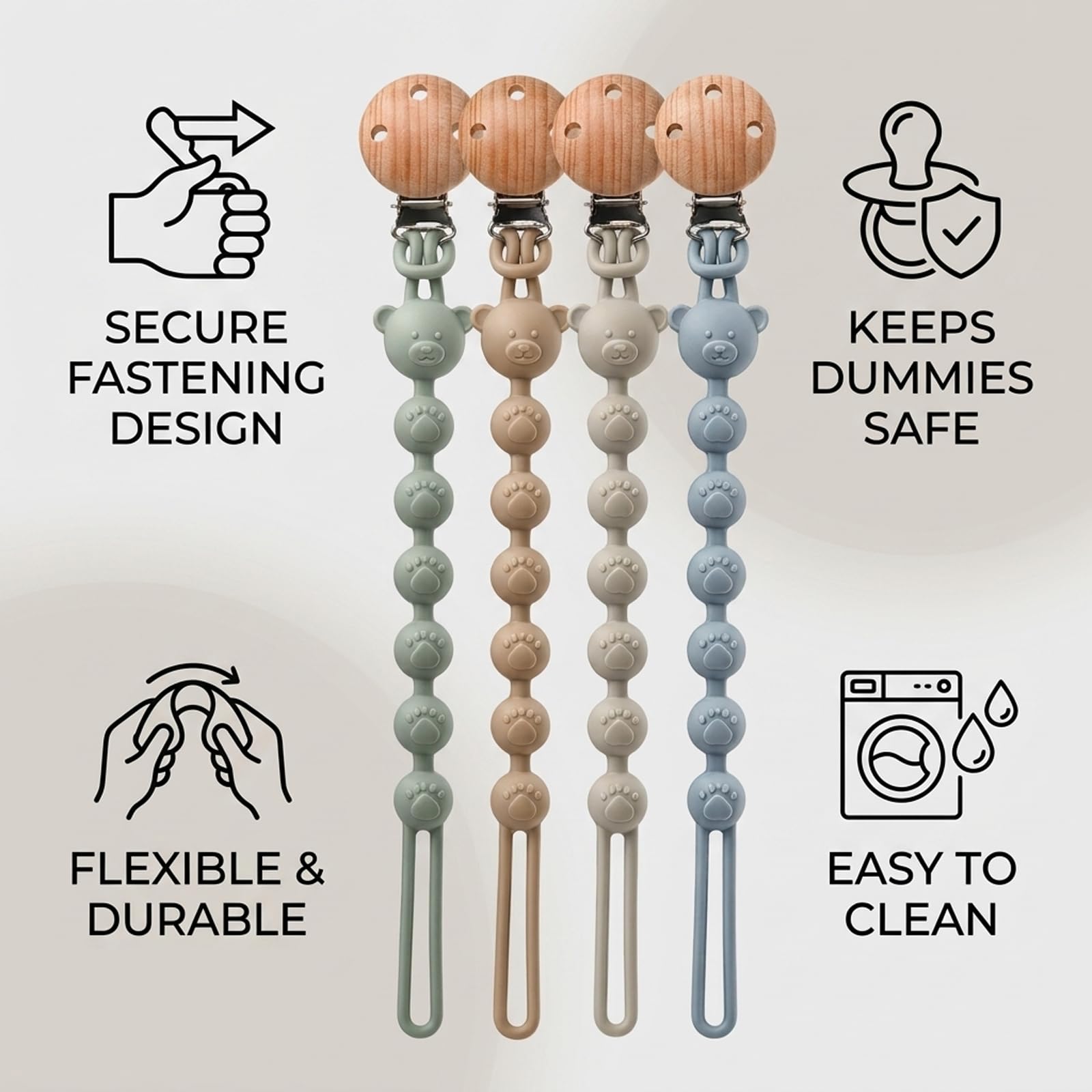 Dummy Clip, 4-Pack Soother Clips with Mam Dummies Compatibility, Silicone Pacifier Clips for Daily Use, Blue Light Grey Green Earth Tones Assortment — view 4
