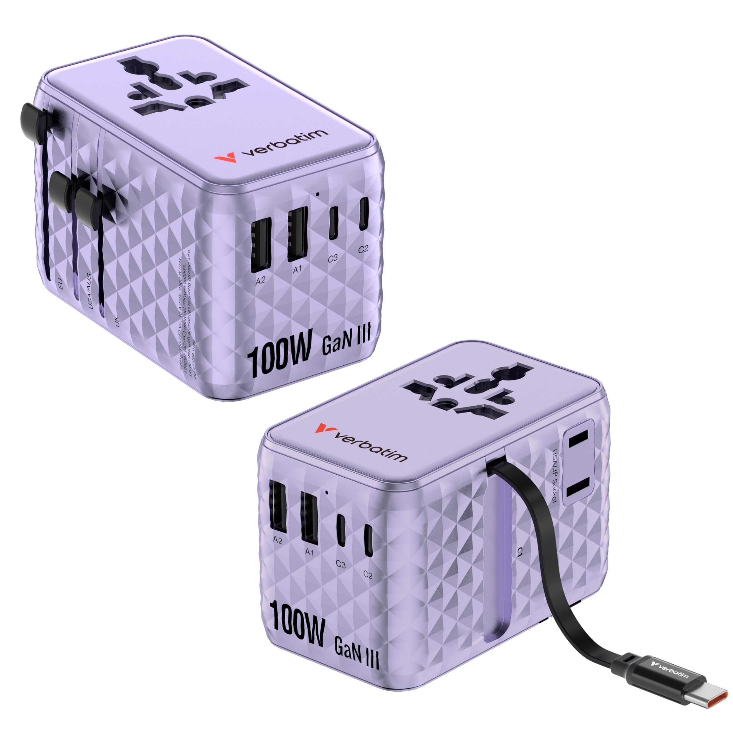 Verbatim GaN Adaptateur de Voyage 100 W Violet avec câble intégré et 2 Ports USB-C, 2 Ports USB-A, 2 Ports USA/JP, Chargeur Rapide Universel pour Ordinateur Portable, Smartphone et Plus Encore