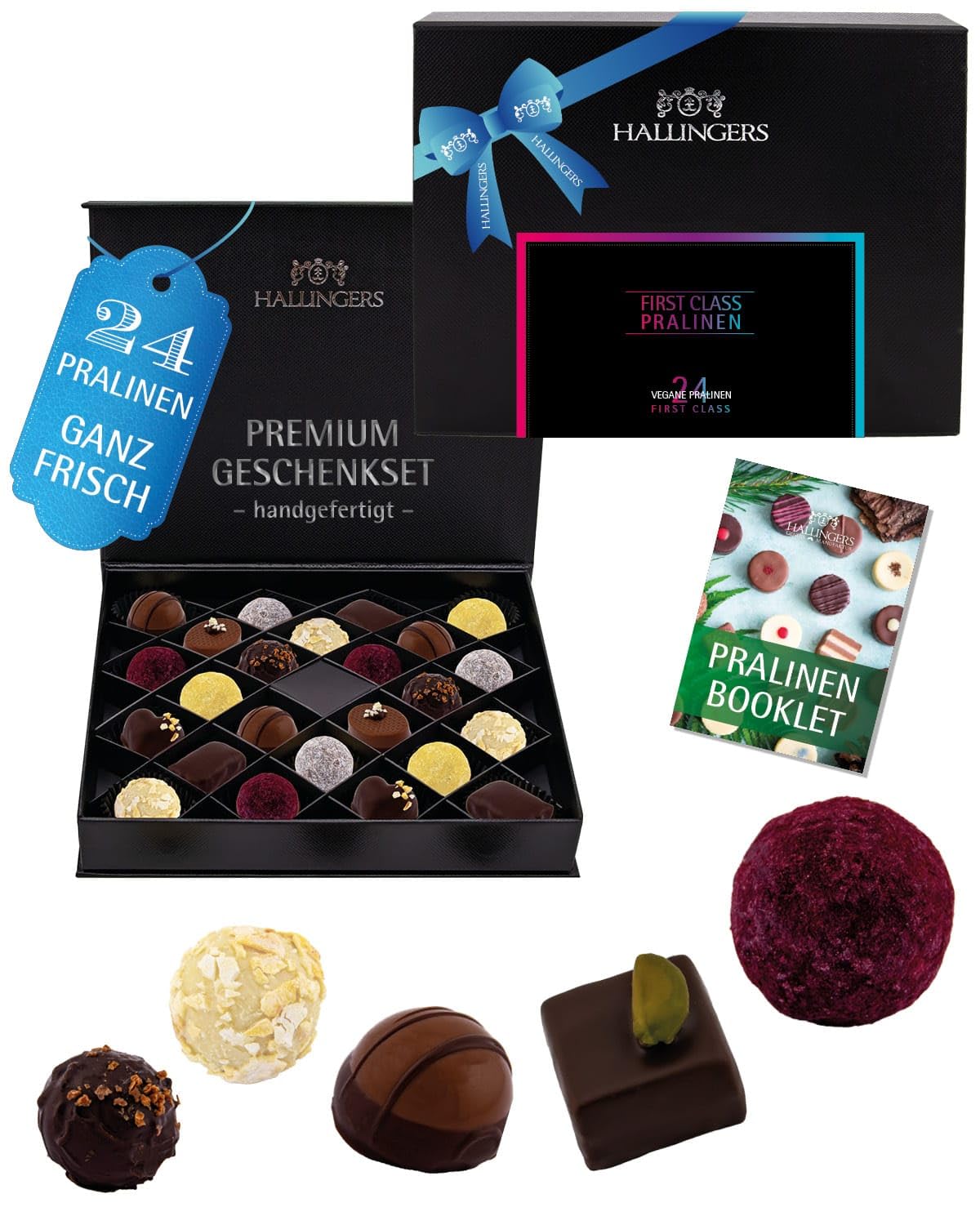 Hallingers Genuss Manufaktur Vegane Pralinen Geschenk - mit & ohne Alkohol, handmade aus Confiserie-Edelkakao in wertiger Geschenkbox "FirstClass Vega...", Geschenkidee für Frauen Männer