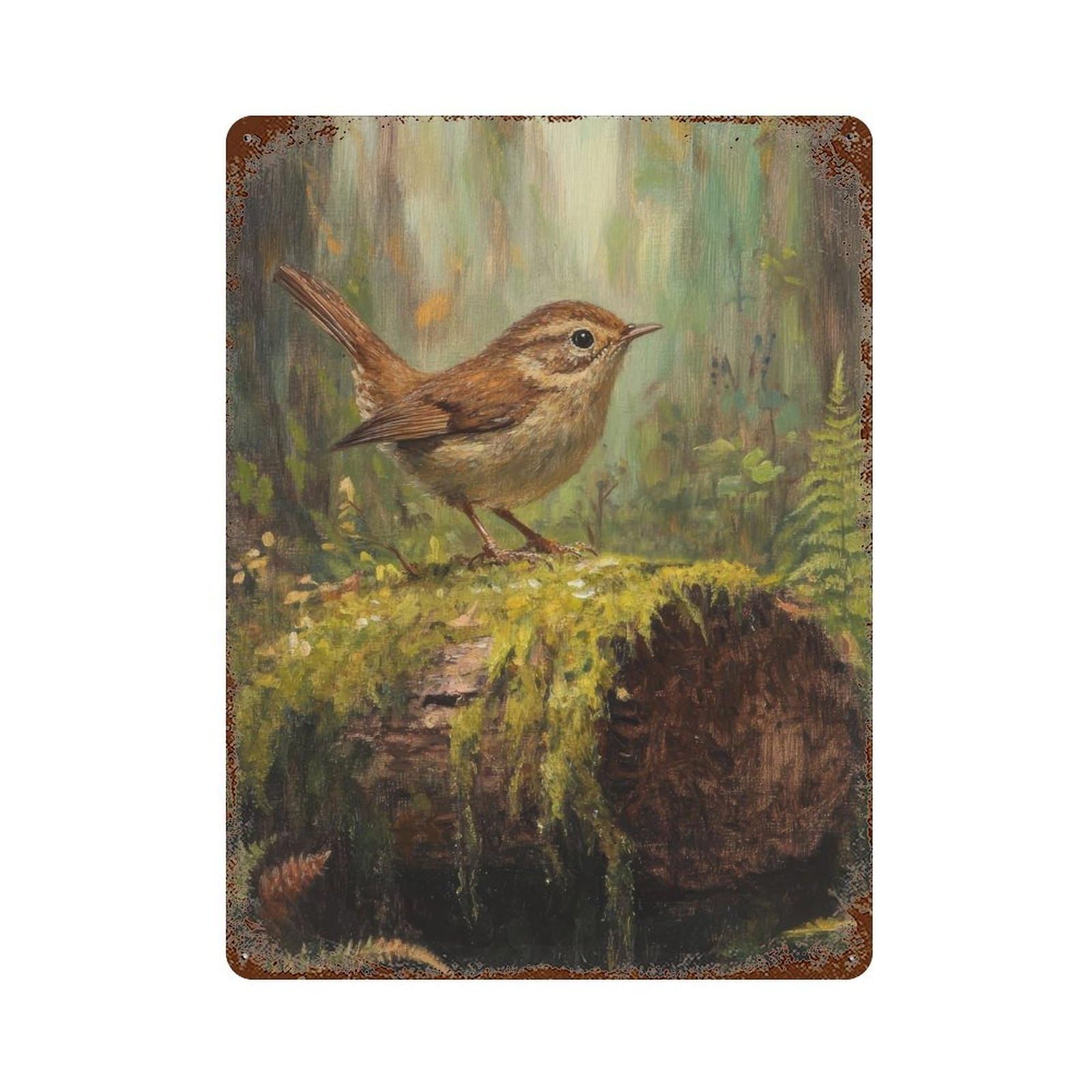 xiaoxiaoshen Wren on Mossy Log Cottagecore Woodland Bird Decor Rustic Nature Wall Decor Art Metal Tin Poster Modern Home Decor Art Home Bar Shop Decorations Vintage Sign 40x30cm
