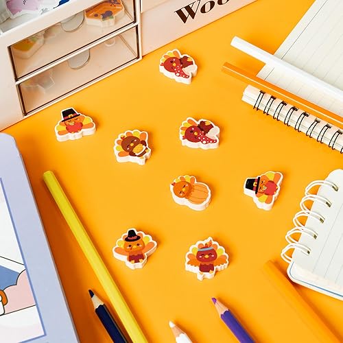 Miniatura 5 de CJiangpo 60 piezas de borrador de pavo de Acción de Gracias para niños, a granel, lindo dibujo animado, pavo de goma, borrador de rompecabezas de