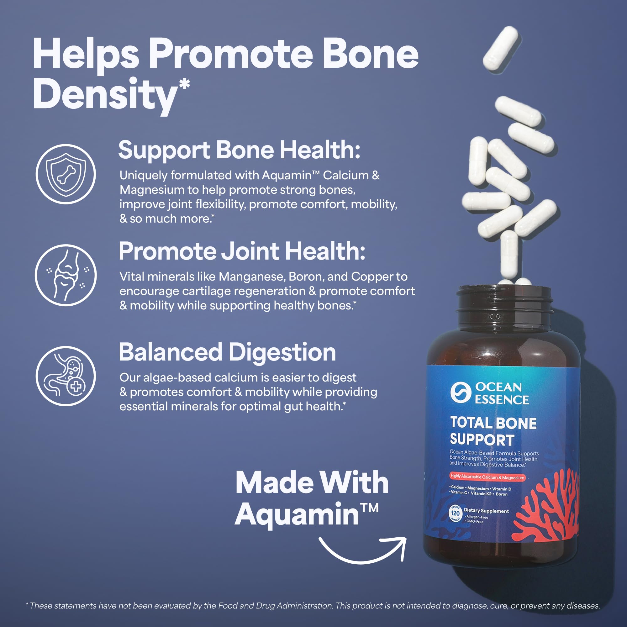 OCEAN ESSENCE Total Bone Support - Plant-Based Algae Calcium Supplement for Supporting Bone Density & Strength - for Men & Women 35+ - 120 Natural Calcium Capsules - Vitamins for Optimal Health — Amazon image 3