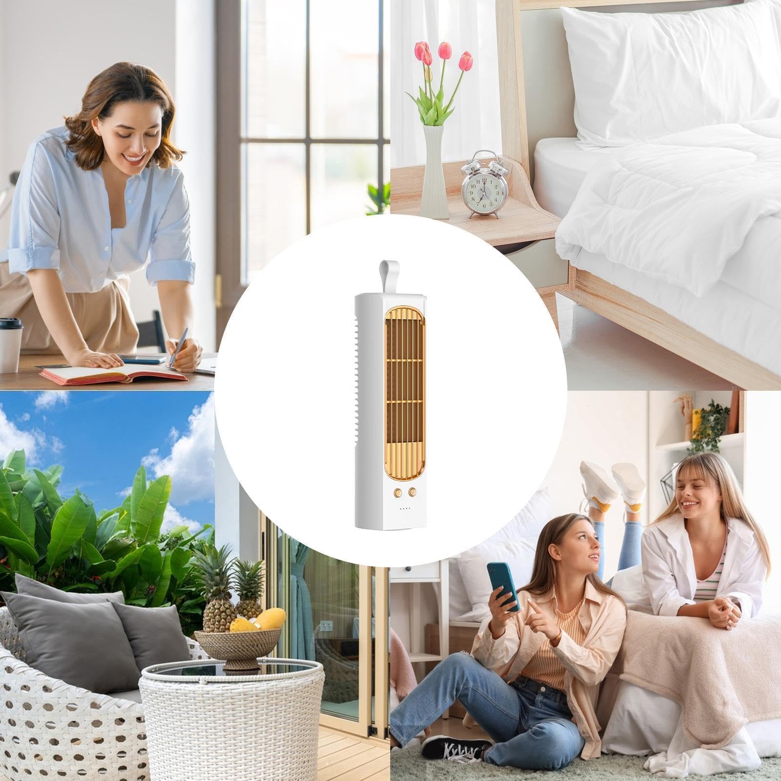 Ventilatore a torre oscillante, silenzioso, senza pale, ricaricabile tramite USB, per casa, ufficio, dormitorio, uso interno/esterno, ideale per campeggio e viaggi
