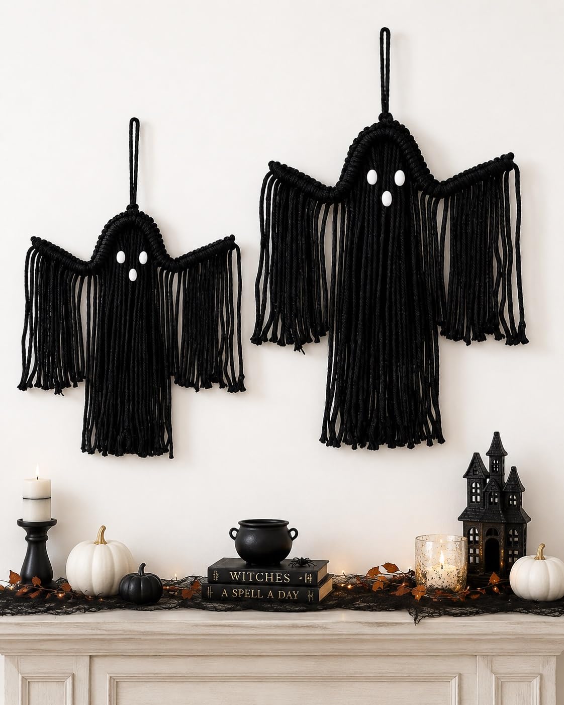 Homtrator Black Handcrafted Woven Halloween Ghost Wall Decor, Cute Boho Macrame Hanging