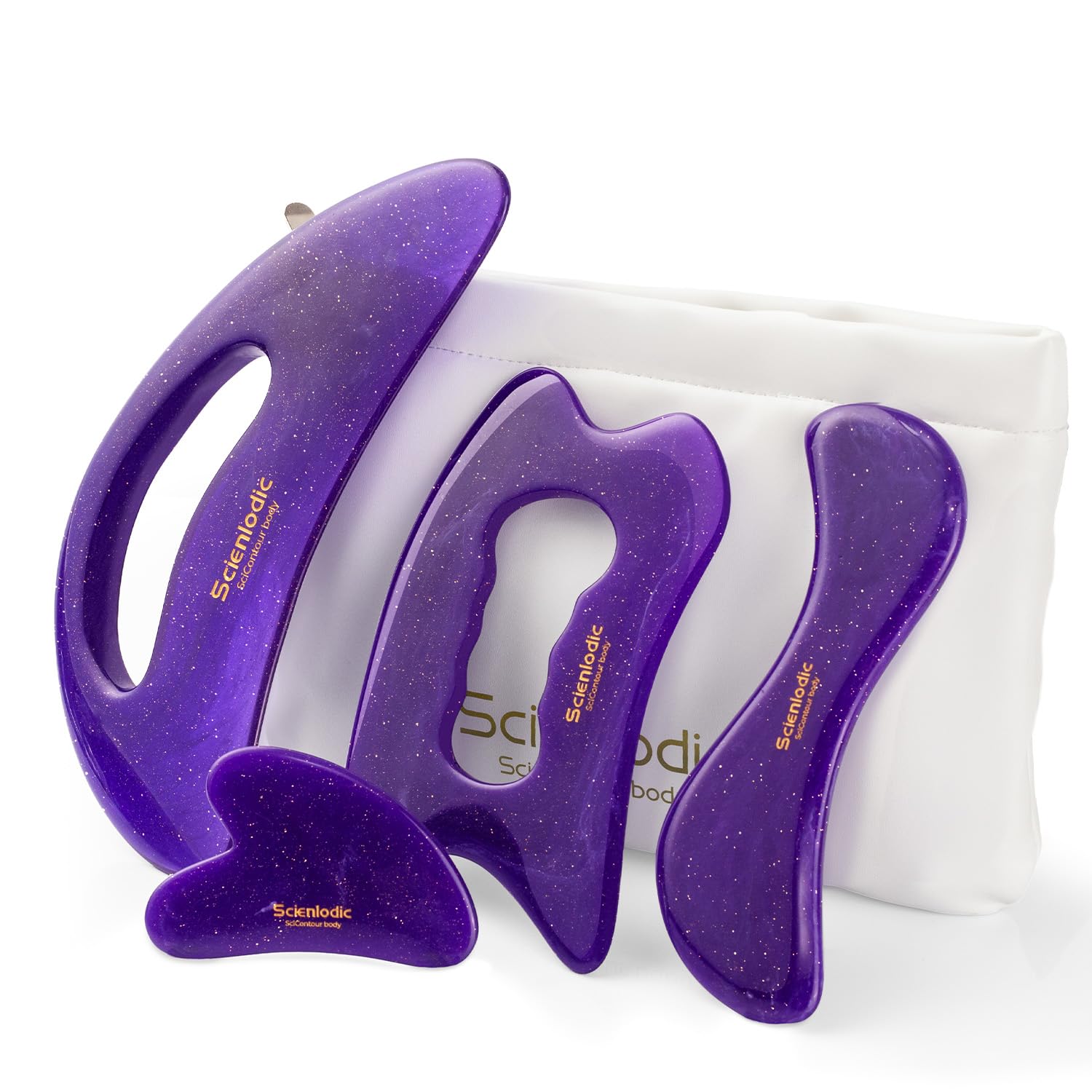 Scienlodic 4 Pcs Gua Sha Massage Tools for Face &amp; Body (Purple, Resin) - Guasha Scraping Tool for Jawline Contouring, Puffiness Reduction, Neck, Back, Legs &amp; Muscle Relaxation