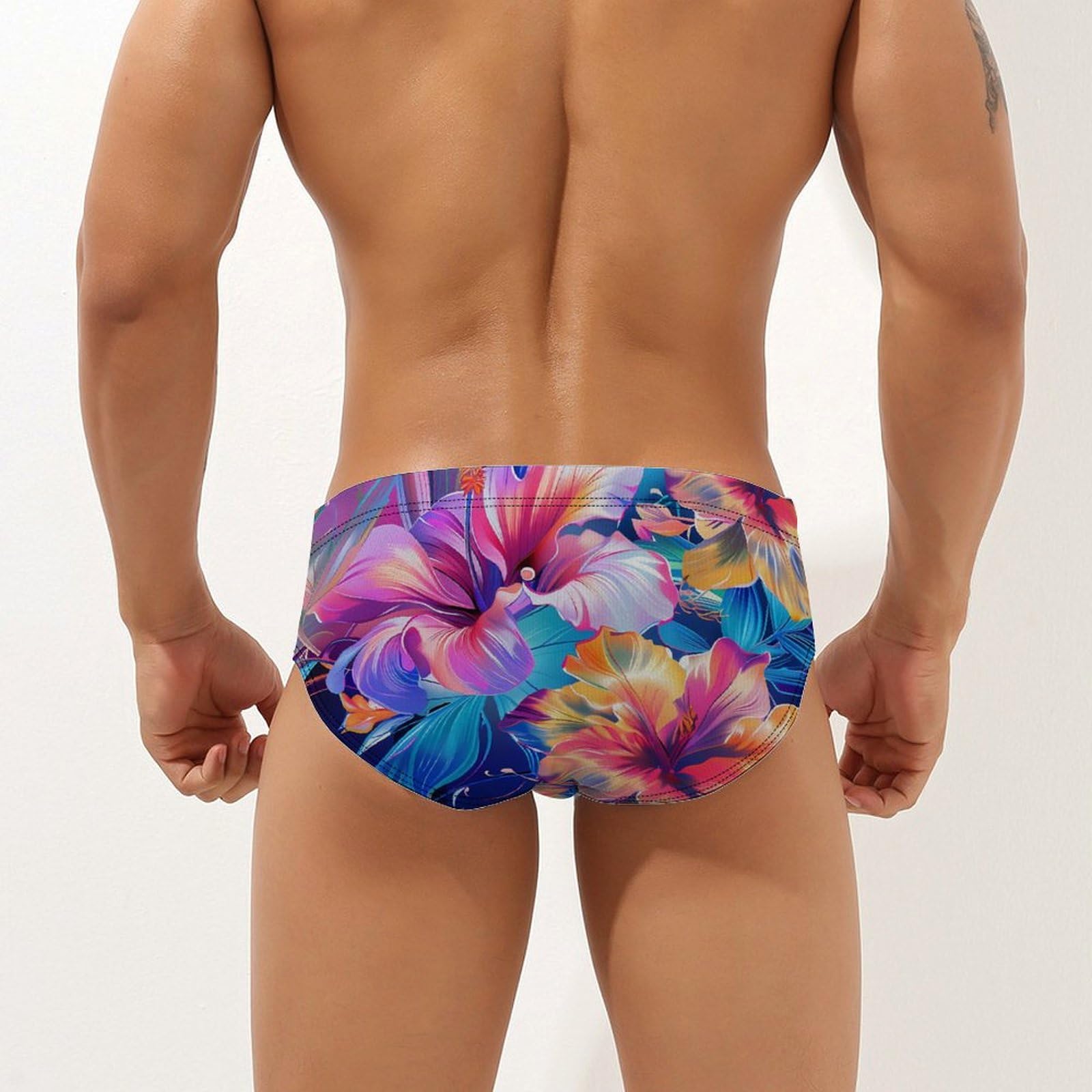 Boho Hibiscus Flowers Blossom Mens Swim Briefs Quick Dry Swim Trunk Bikini Underwear Swimsuit XL