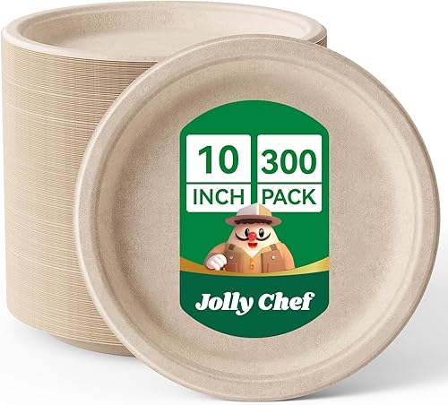 JOLLY CHEF Compostable Heavy Duty Plates 𝟭𝟬 𝗜𝗻𝗰𝗵 [𝟯𝟬𝟬 𝗣𝗮𝗰𝗸] Eco-Friendly Disposable Paper Plates Made of Bagasse Biodegradable Bulk for Party Dinner