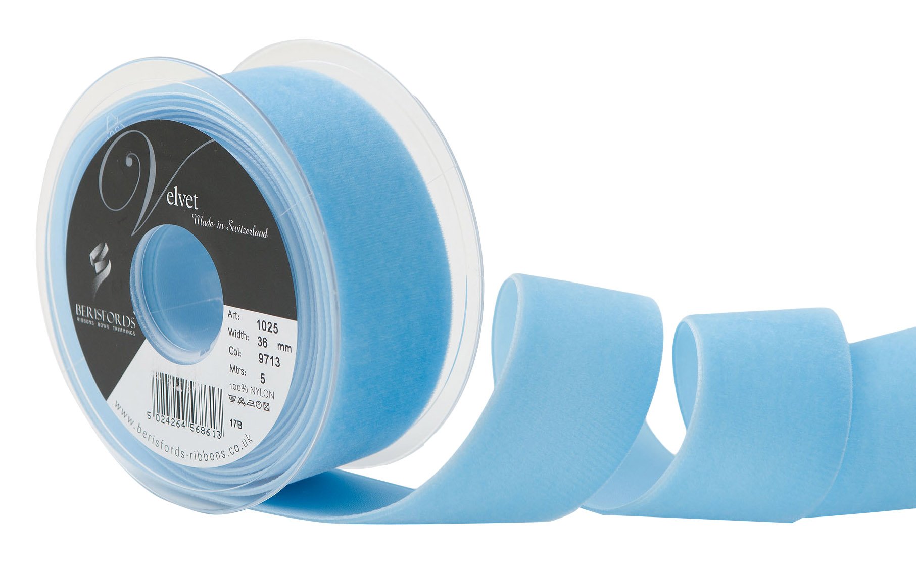 Berisfords Velvet Ribbon Saxe 45mm x 10m - Nylon Craft Ribbon for Sewing, Gift Wrapping and Hair Accessories