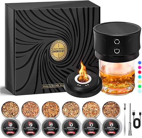 Kit de ahumador eléctrico de whisky con luces: infusor de cóctel con 6 fichas de madera para los amantes del whisky bourbon - Kits de ahumador de