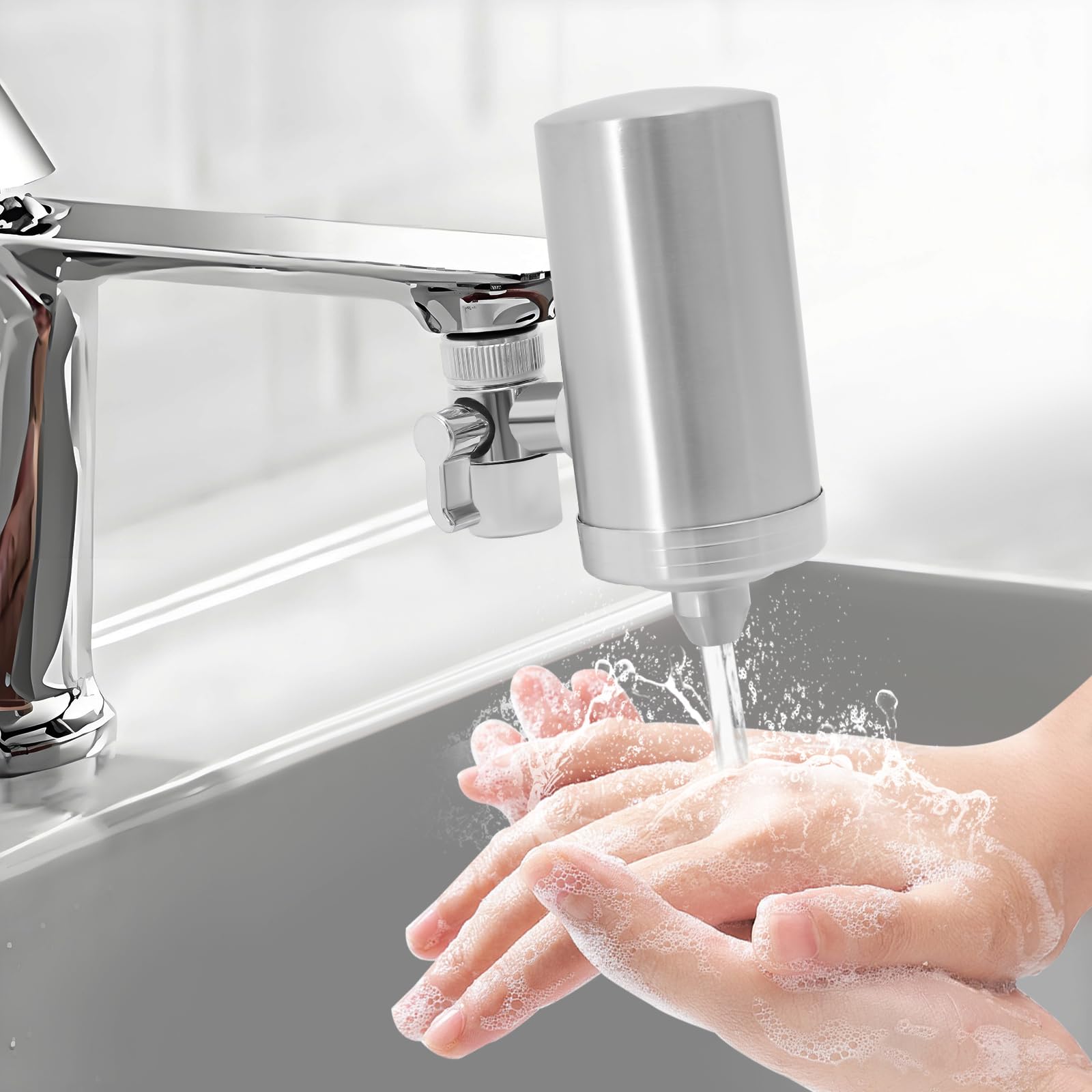 Filtro dell'acqua per rubinetto in acciaio inox, sistema di filtraggio dell'acqua, filtro dell'acqua del rubinetto, rimuove cloro, metalli pesanti e cattivo gusto, con 1 filtro incluso