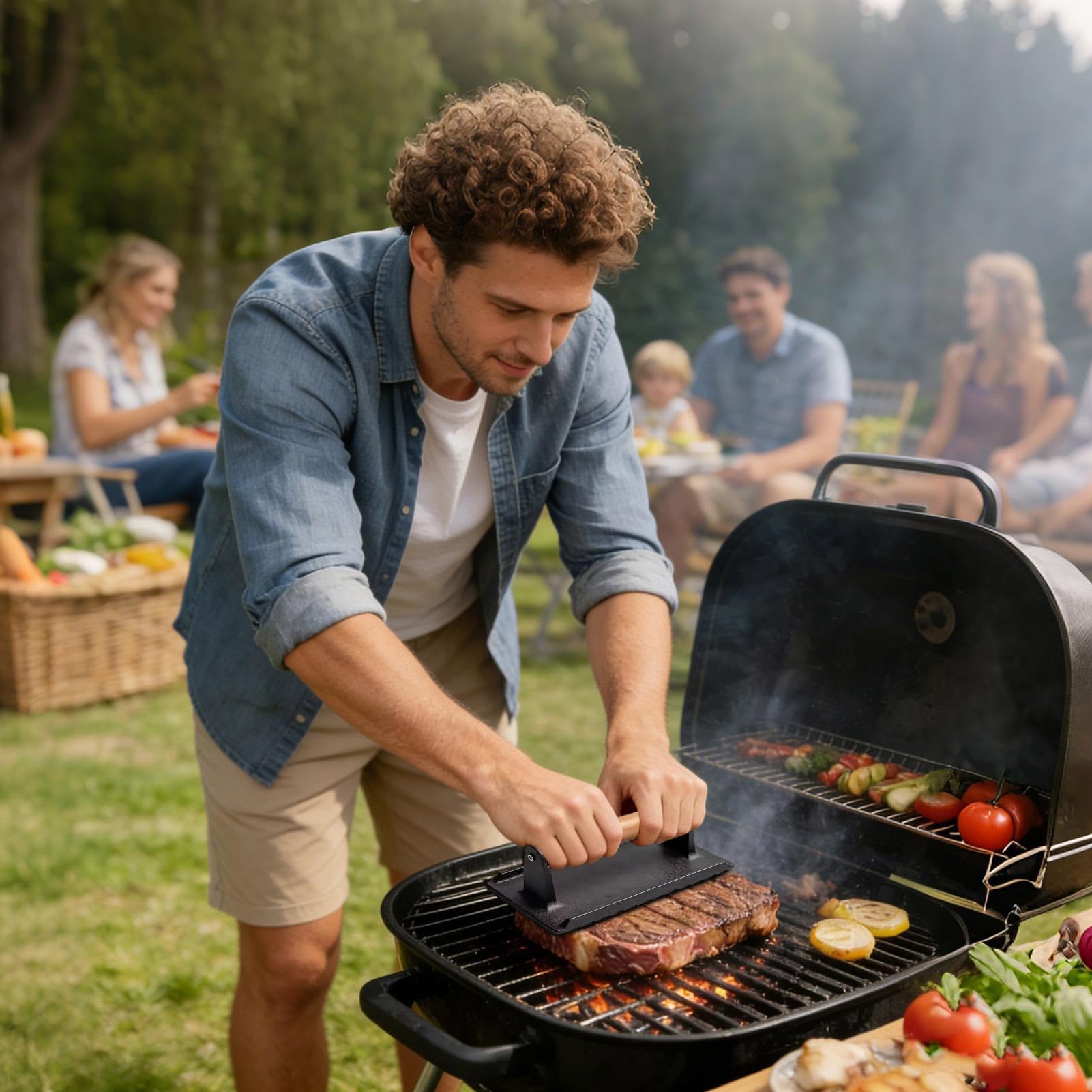 Pressa per bistecca con manico in legno, antiaderente, per barbecue all'aperto, campeggio, cucina di casa, frusta per hamburger perfettamente cotti